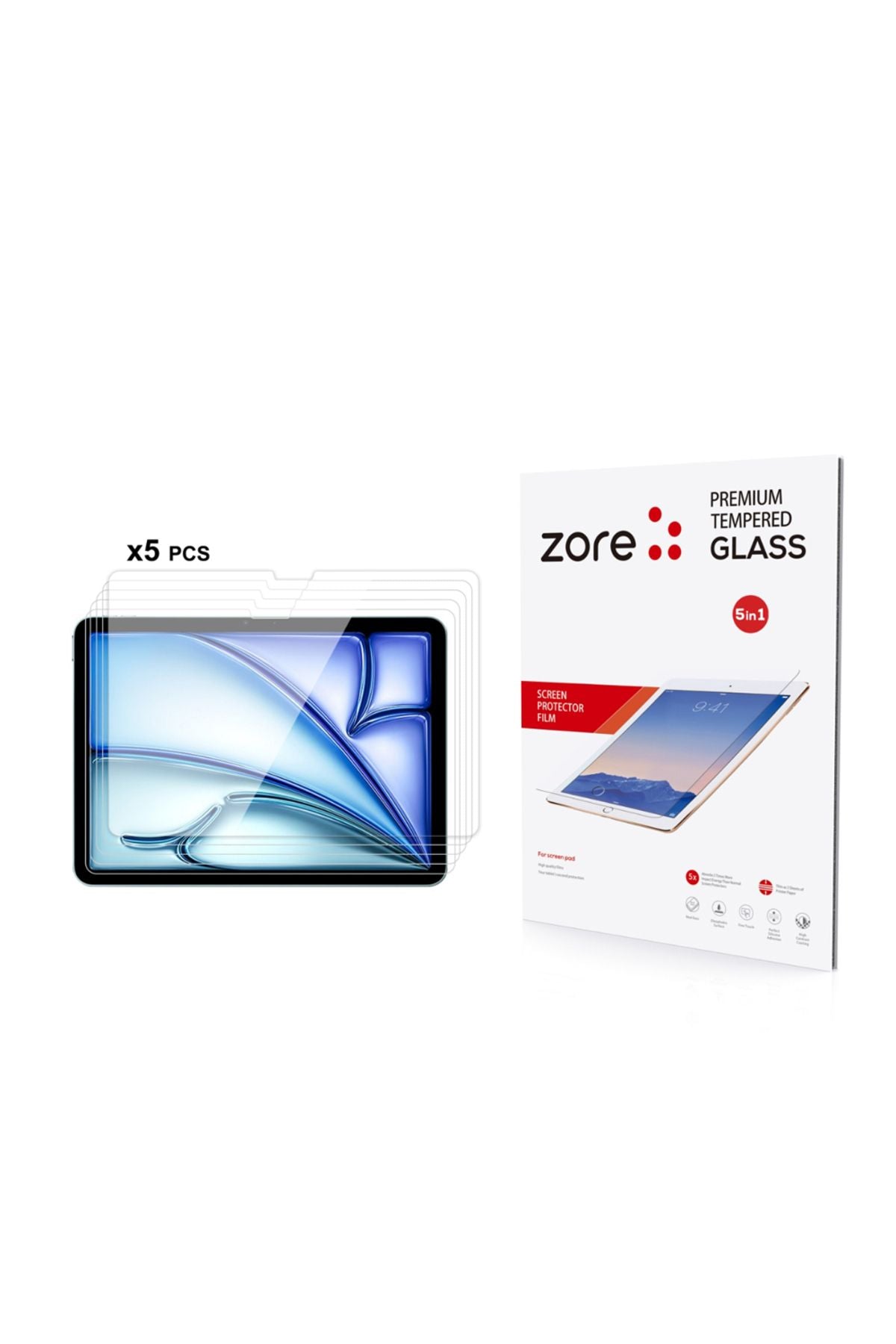 iPad Air 11 2024 Uyumlu Zore 5in1 Tablet Temperli Cam Ekran Koruyucu-Şeffaf