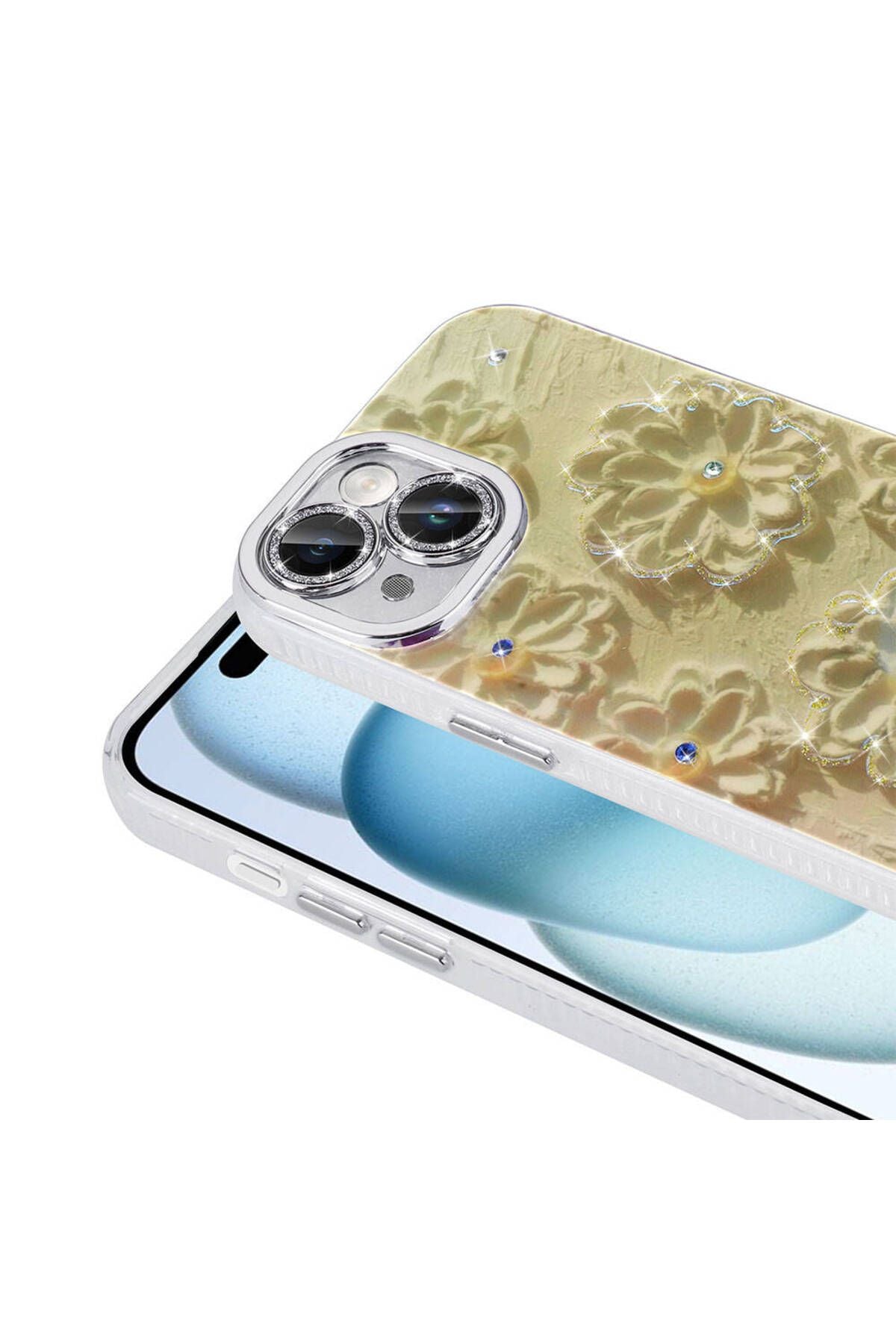 iPhone 15 Kılıf Çiçek Desenli Parlak Taşlı Sert Silikon GLLP Garden Kapak - Pembe Açık