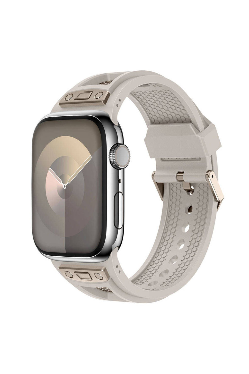 Apple Watch 44mm Zore KRD-117 Hava Alabilen Delikli Metal Süslemeli Desenli Silikon Kordon-Titanyum-