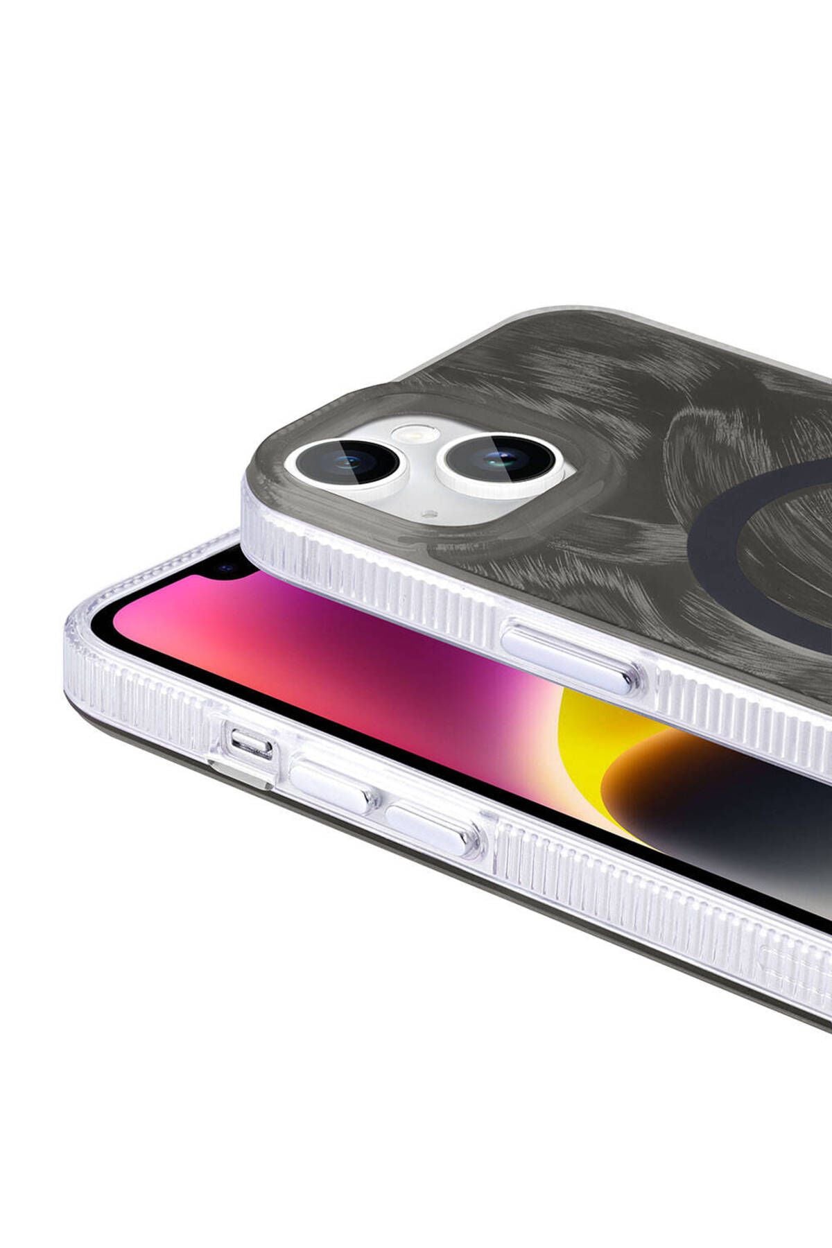 iPhone 15 Uyumlu YSF Kılıf Magsafe Şarj Özellikli Fırça Boya Desenli Zore Palet Kapak-Gri