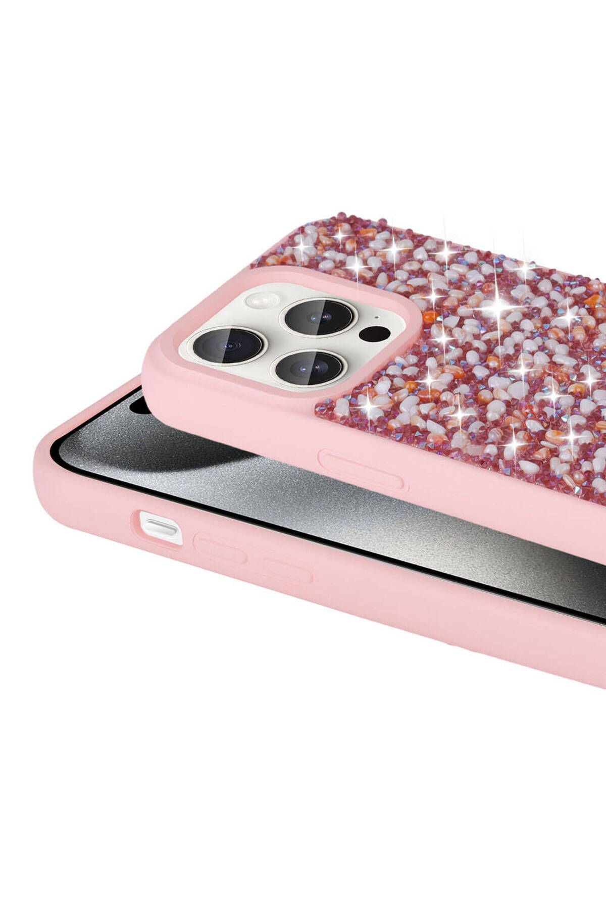 iPhone 15 Pro Max Uyumlu Parlak Taşlı Tasarım CSK Zore Linea Kılıf-Pembe