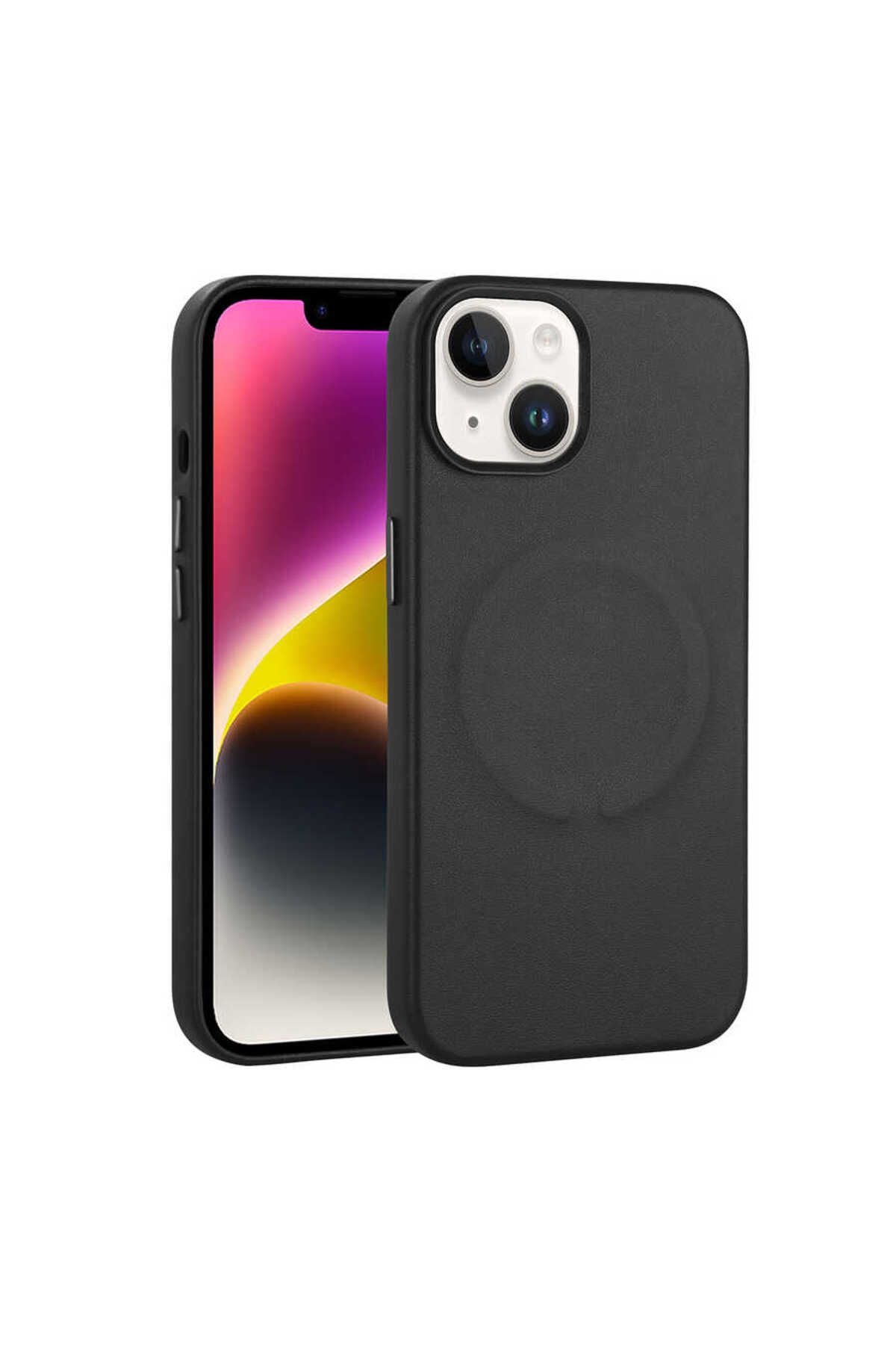 iPhone 14 Uyumlu PU Deri Magsafe Wireless Şarj Özellikli Zore Derix Kılıf-Siyah