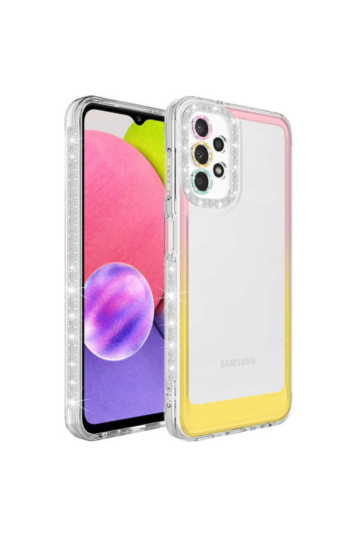 Galaxy A52 Kılıf Simli ve Renk Geçiş Tasarımlı Lens Korumalı Zore Park Kapak - Mor-Beyaz