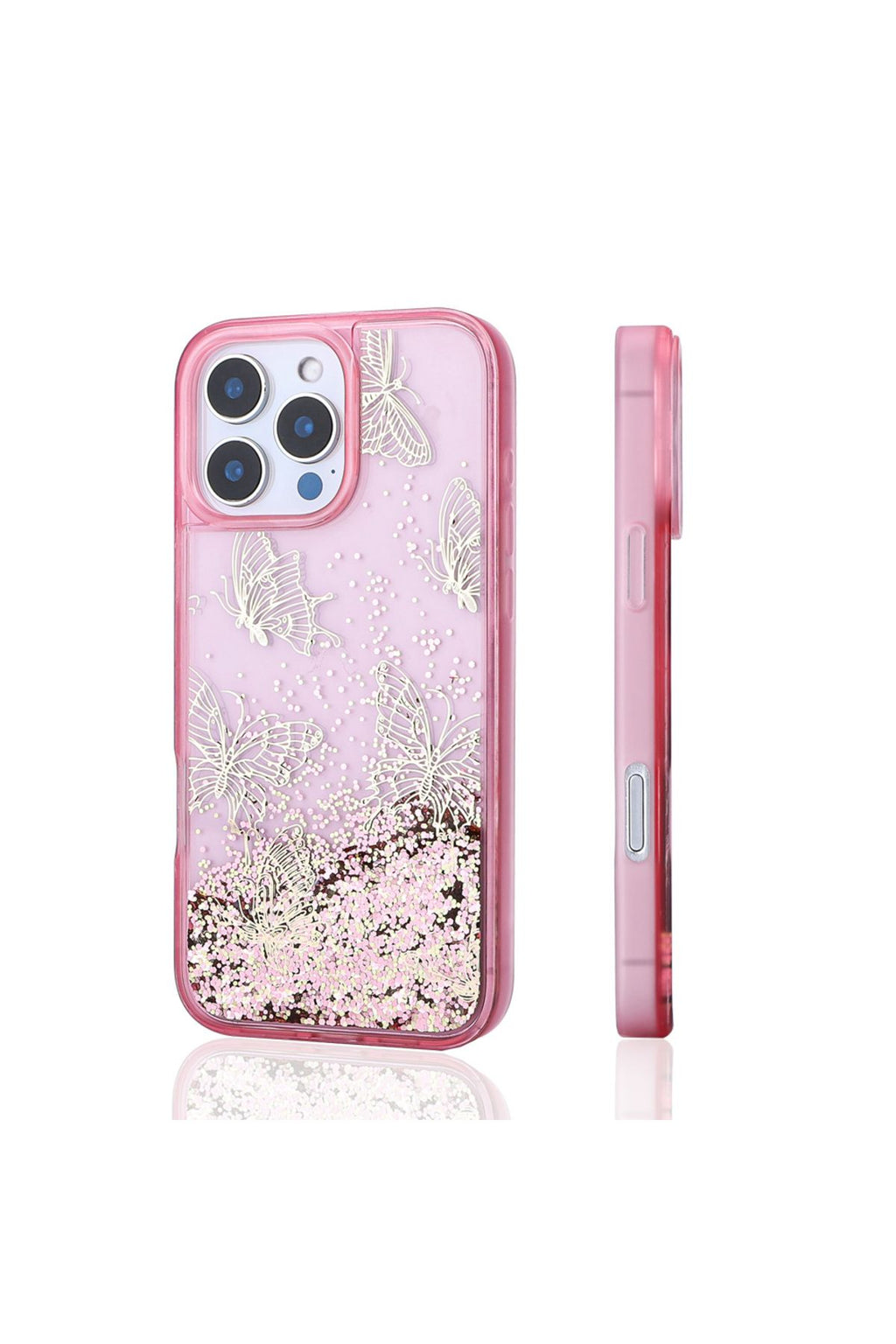 iPhone 16 Pro Kılıf Sıvılı Simli Kelebek Baskılı Şeffaf Arka Yüzey Zore Glis Silikon Kapak - Pembe