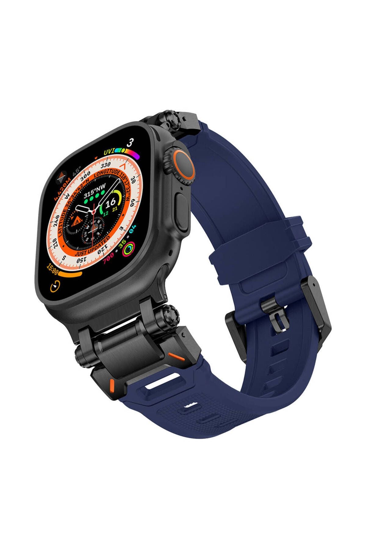 Watch Ultra 49mm CLO- KRD-101 Titanyum Metal Başlıklı Silikon Kordon-Siyah