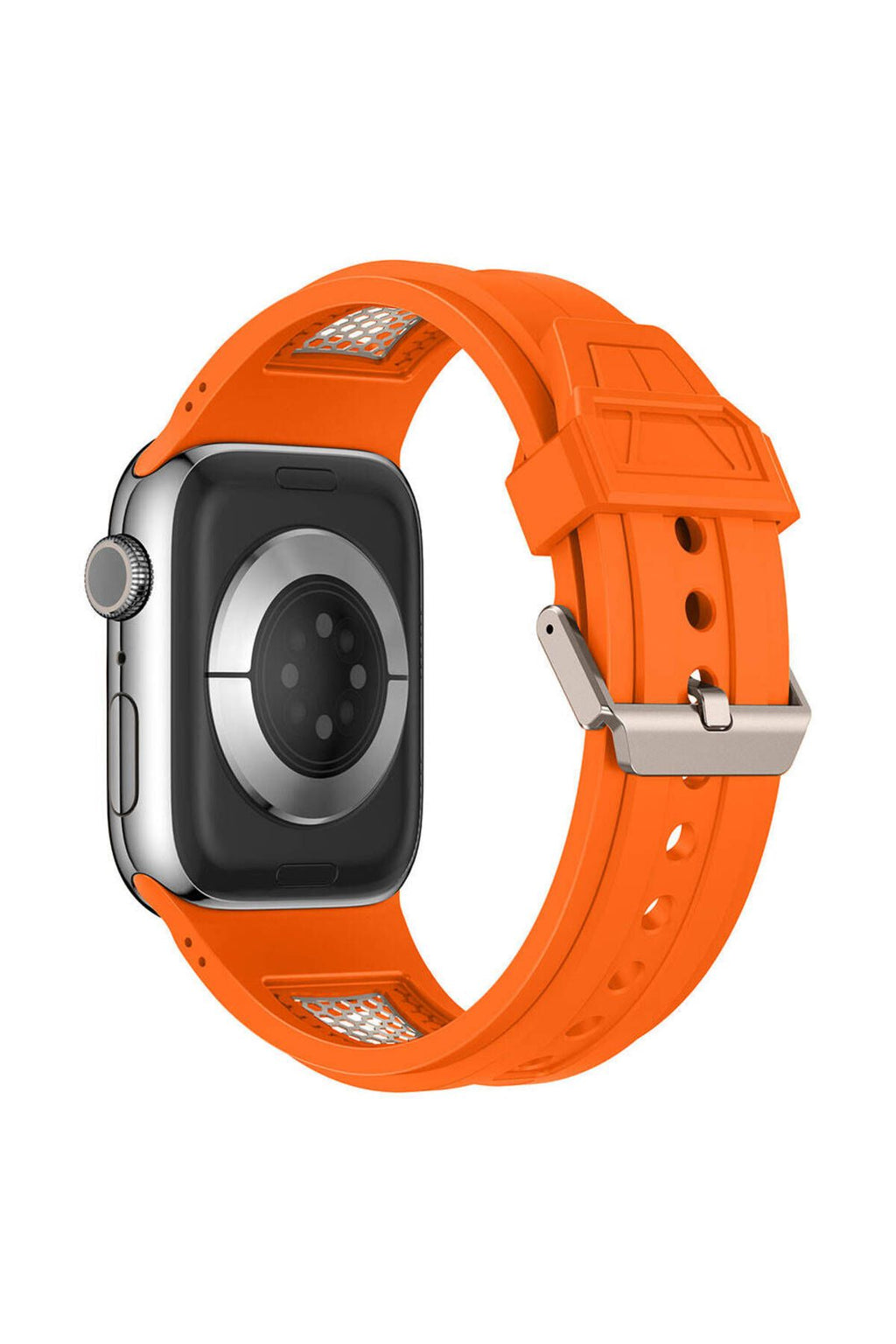 Apple Watch 44mm Zore KRD-117 Hava Alabilen Delikli Metal Süslemeli Desenli Silikon Kordon-Titanyum-