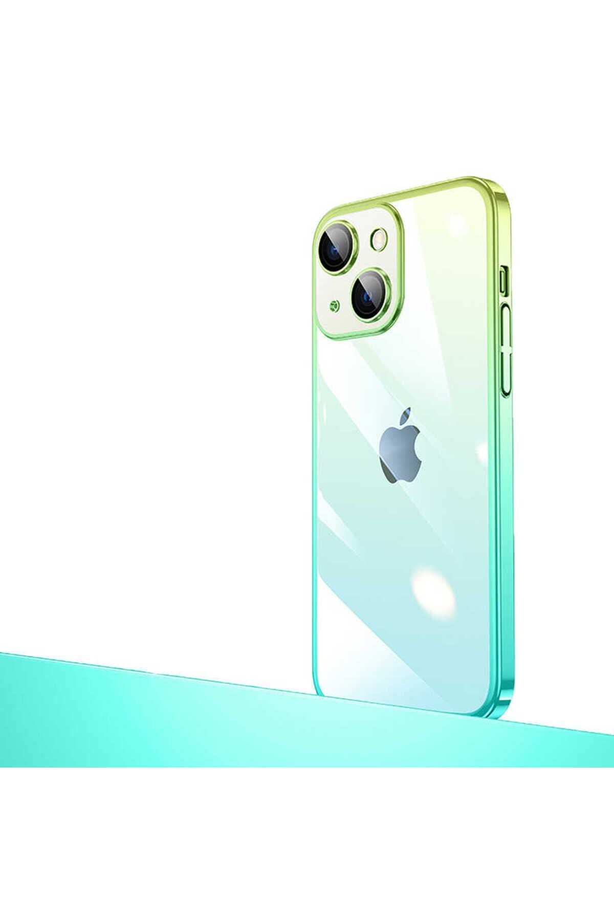 iPhone 14 Uyumlu Parlak Renk Geçişli Kamera Korumalı Zore Senkron Kılıf-Yeşil-Mavi