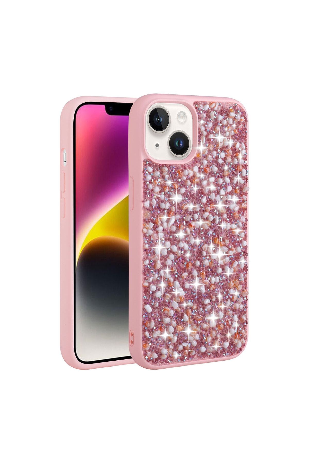 iPhone 14 Uyumlu Parlak Taşlı Tasarım Zore Linea Kılıf-Pembe