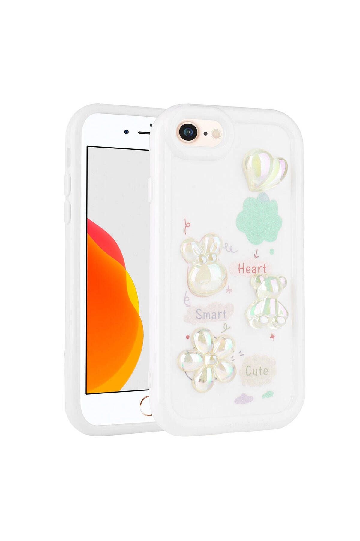 iPhone SE 2022 Uyumlu Kabartma Figürlü Parlak Zore Toys Silikon Kılıf-Beyaz