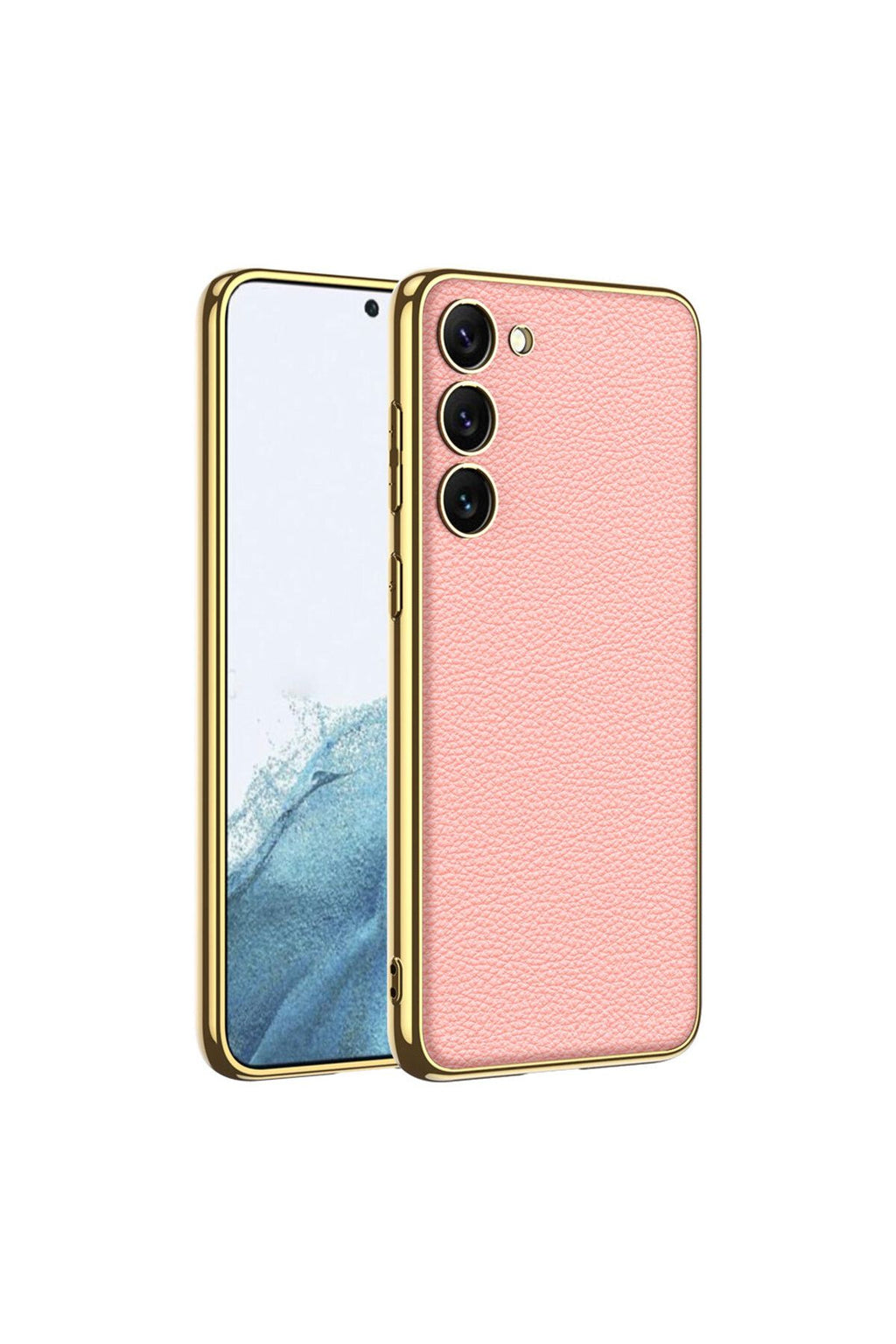 Galaxy S23 Uyumlu Deri Görünümlü Kenarları Elektroplating Kaplama Zore Fizyon Kılıf-Pembe