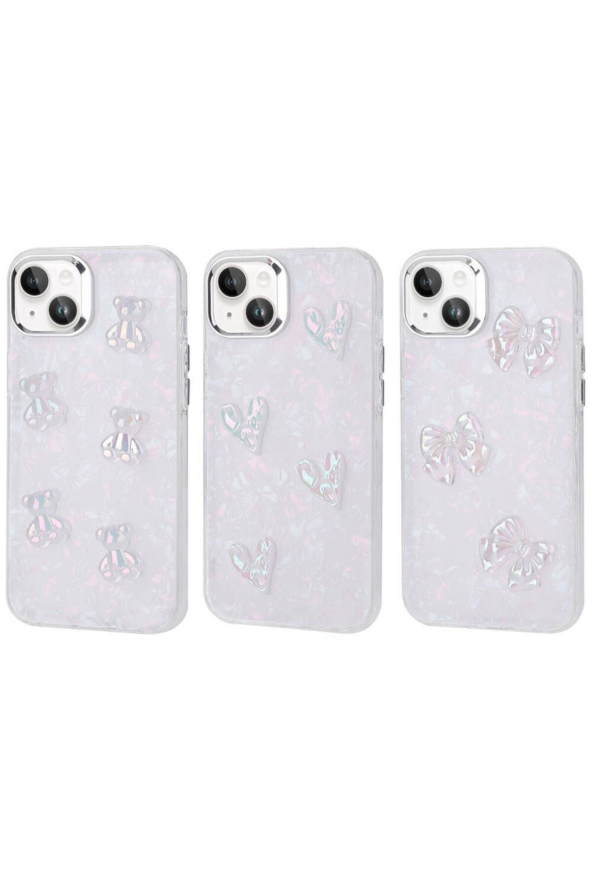 iPhone 15 Uyumlu Kabartma Figürlü Parlak Zore Eralli Silikon Kılıf-Kalp