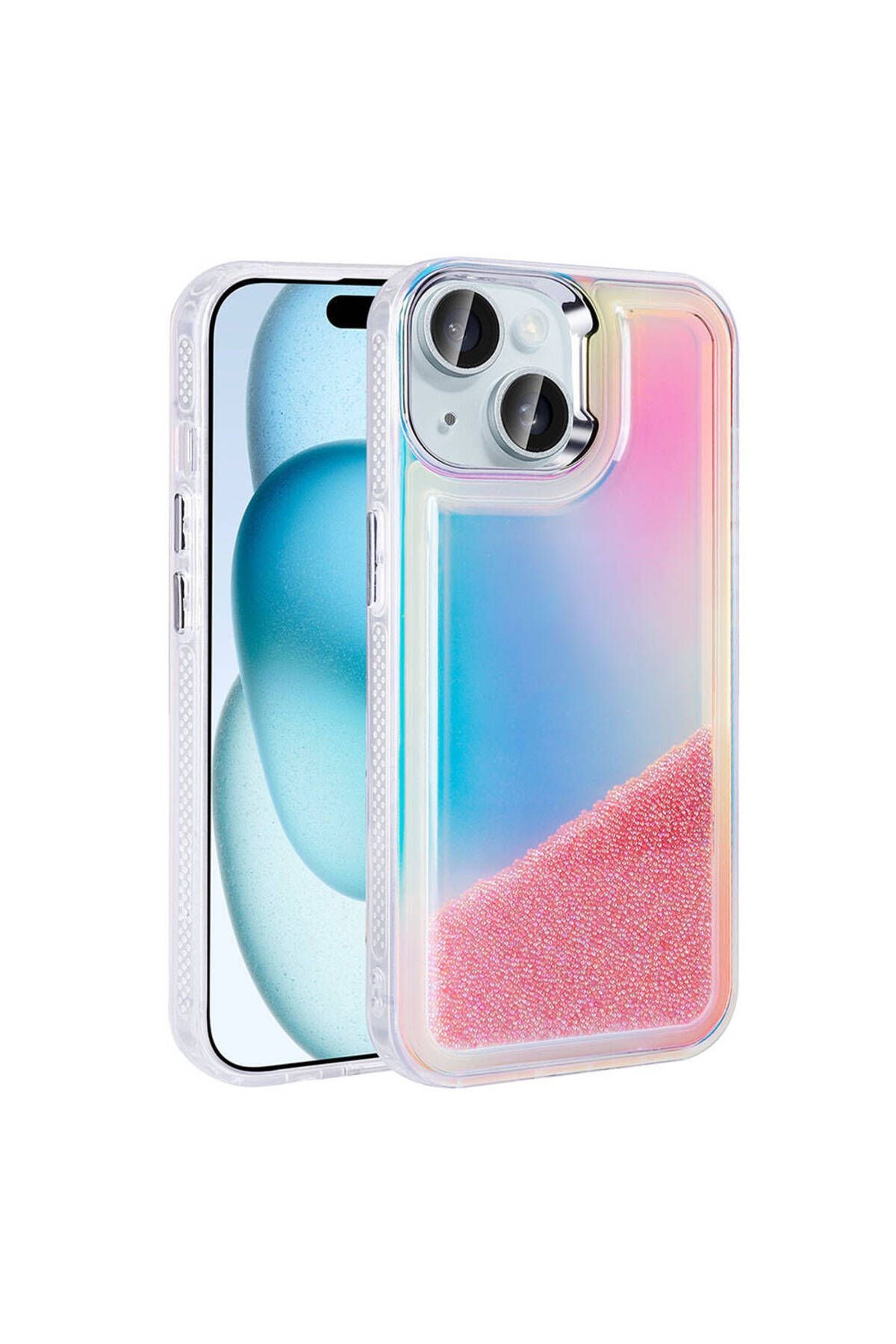 iPhone 15 Kılıf Airbagli Renkli Arka Yüzey Boncuk Tasarımlı Zore Kumul Kapak - Pembe
