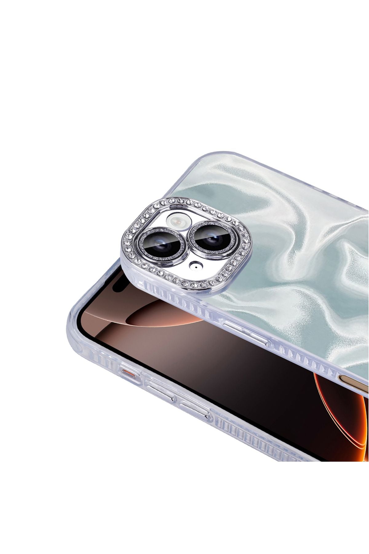 iPhone 16 Kılıf Airbagli Parlak Taş Detay Tasarımlı Uyumlu Zore Esila Kapak-Beyaz