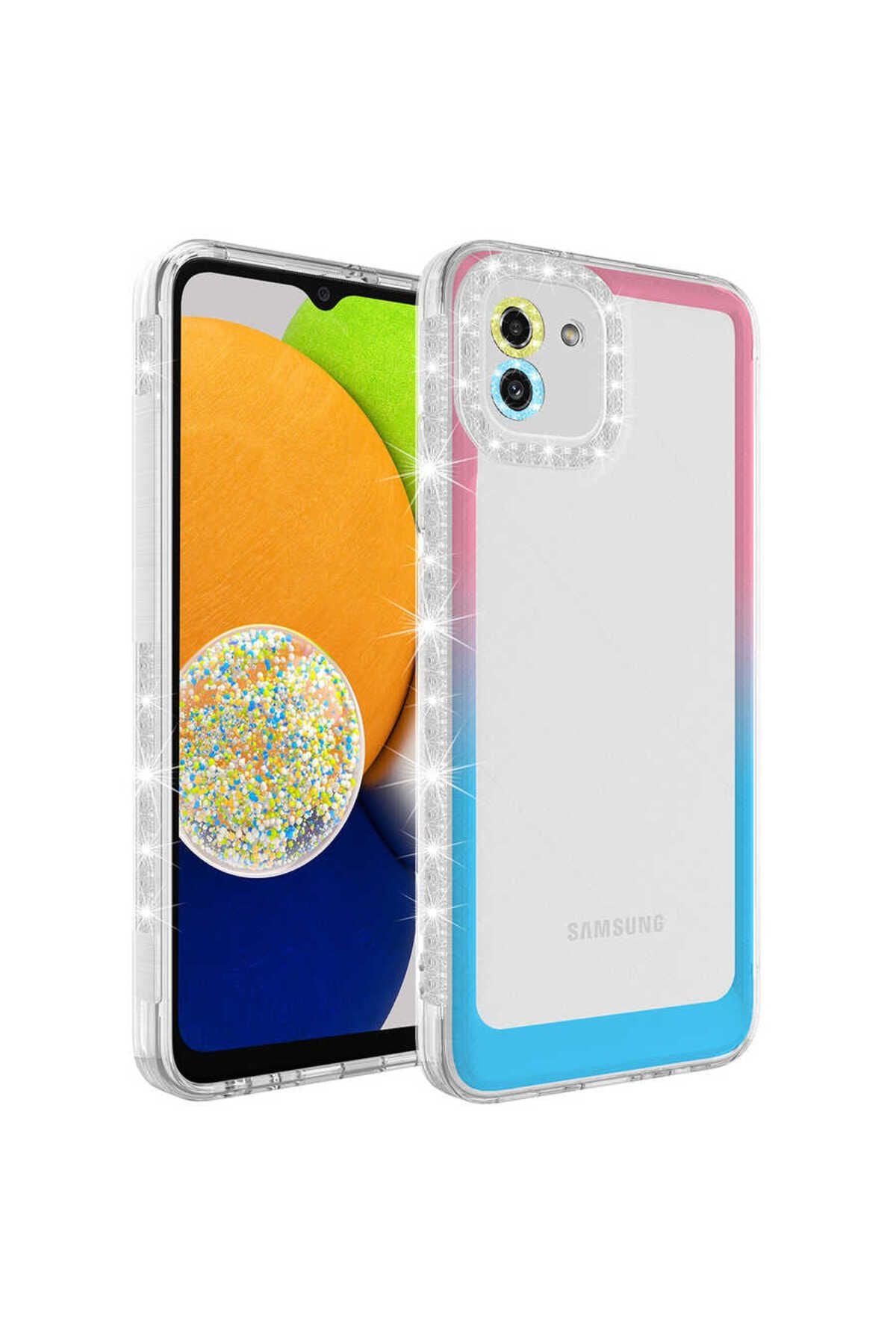 Galaxy A03 Kılıf Simli ve Renk Geçiş Tasarımlı Lens Korumalı GLLP Park Kapak - Pembe-Mavi