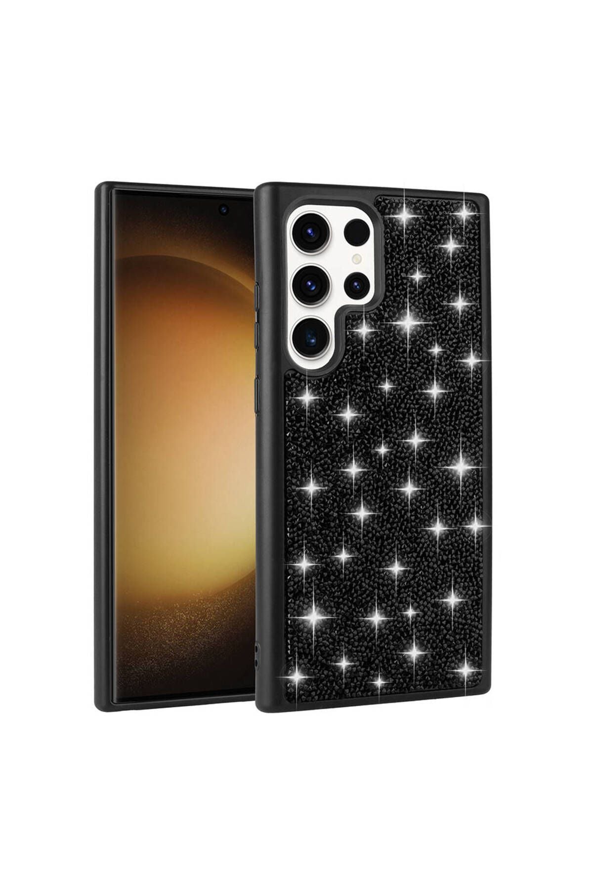 Galaxy S23 Ultra Uyumlu Parlak Taşlı Tasarım Pırlanta CSM Zore Kılıf-Beyaz