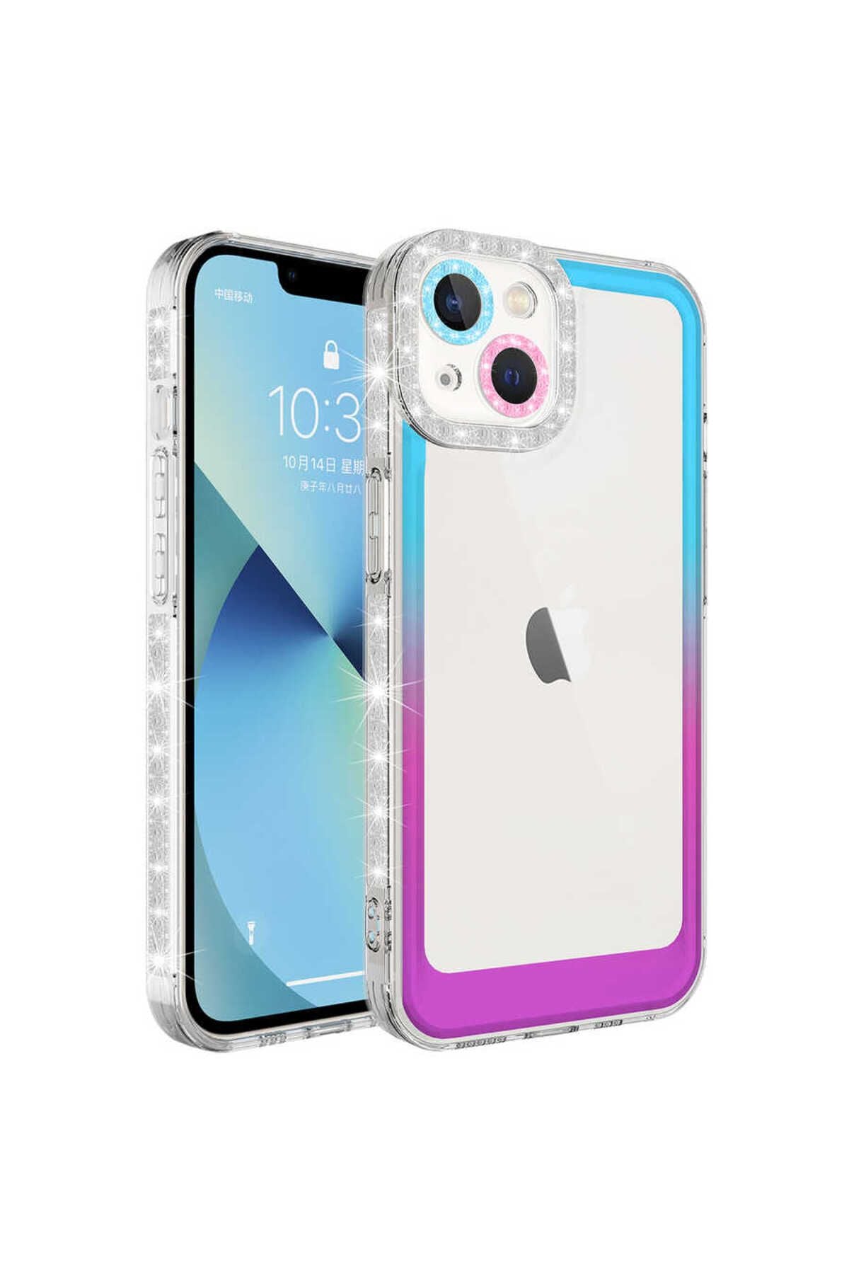 iPhone 14 Uyumlu Simli ve Renk Geçiş Tasarımlı LZore Korumalı Zore Park Kılıf-Mor-Pembe