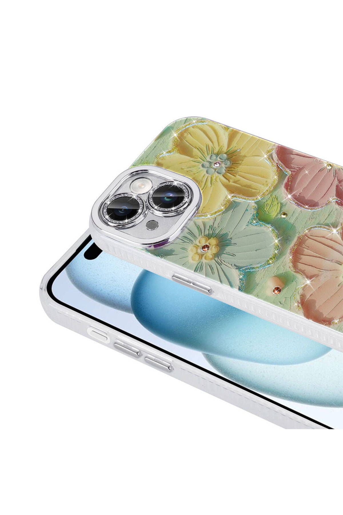 iPhone 15 Kılıf Çiçek Desenli Parlak Taşlı Sert Silikon Zore Garden Kapak - Beyaz