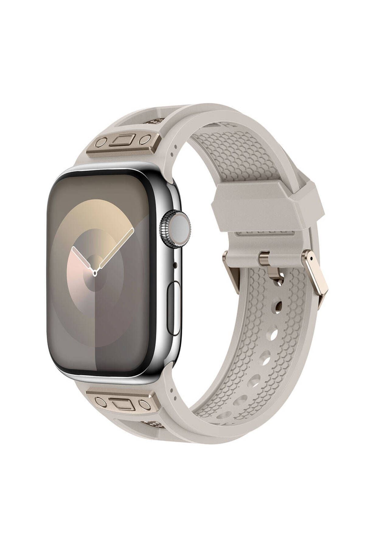 Apple Watch 42mm Zore KRD-117 Hava Alabilen Delikli Metal Süslemeli Desenli Silikon Kordon-Titanyum-