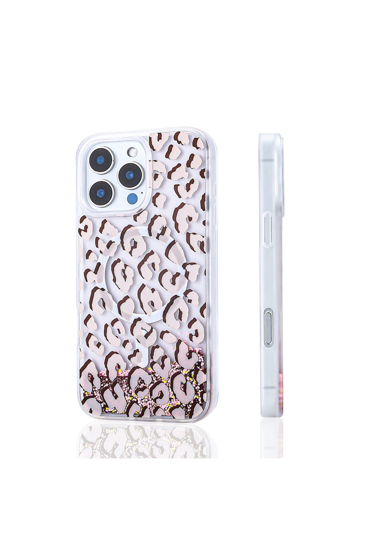 iPhone 16 Pro Kılıf Sıvılı Simli Baskılı Şeffaf Arka Yüzey Zore Mossa Silikon Kapak - Gold