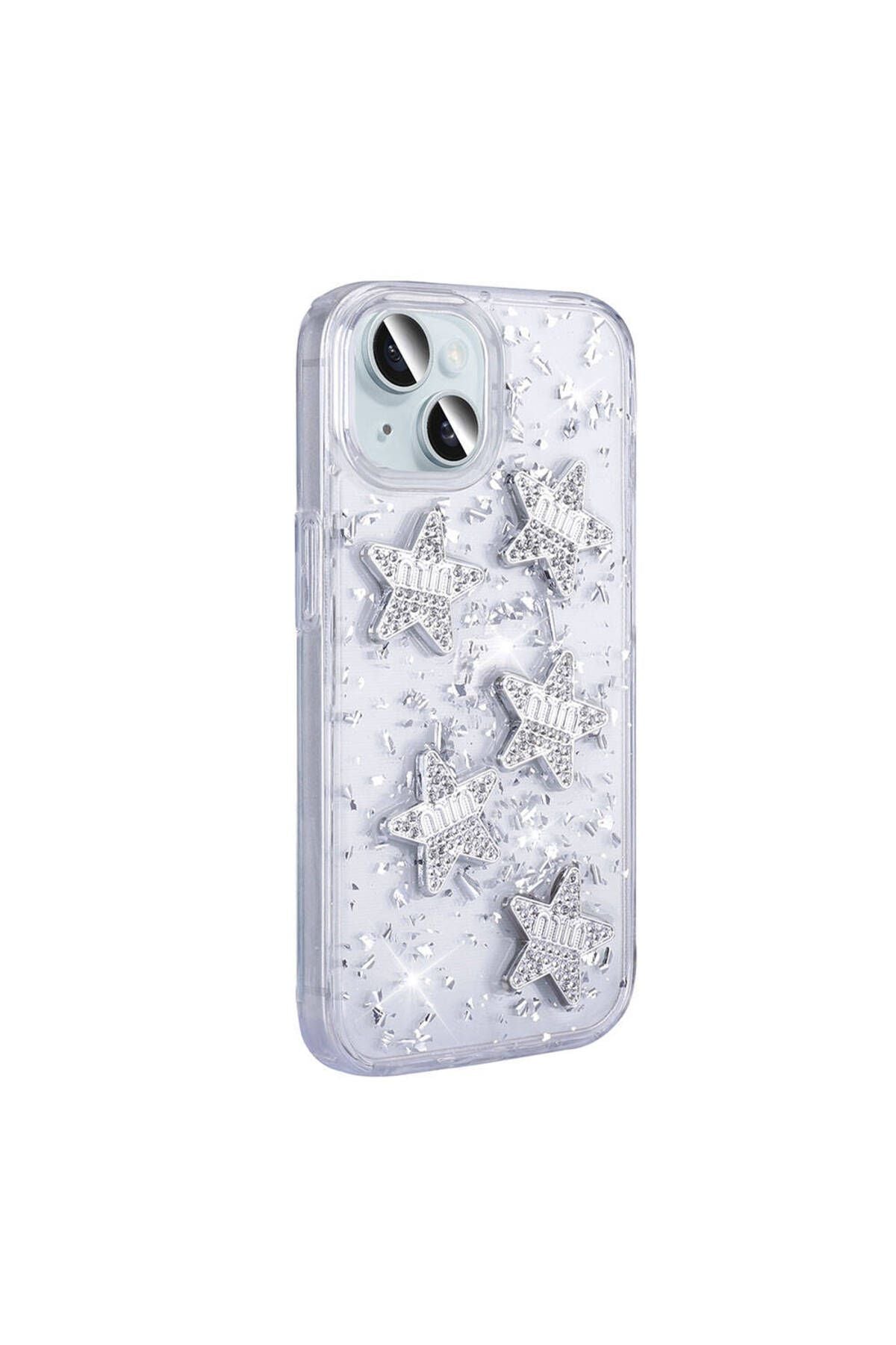 iPhone 14 Uyumlu FRM Kılıf Airbagli Simli Arka Yüzey Zore Işıltı Silikon Kapak-Beyaz-Yıldız