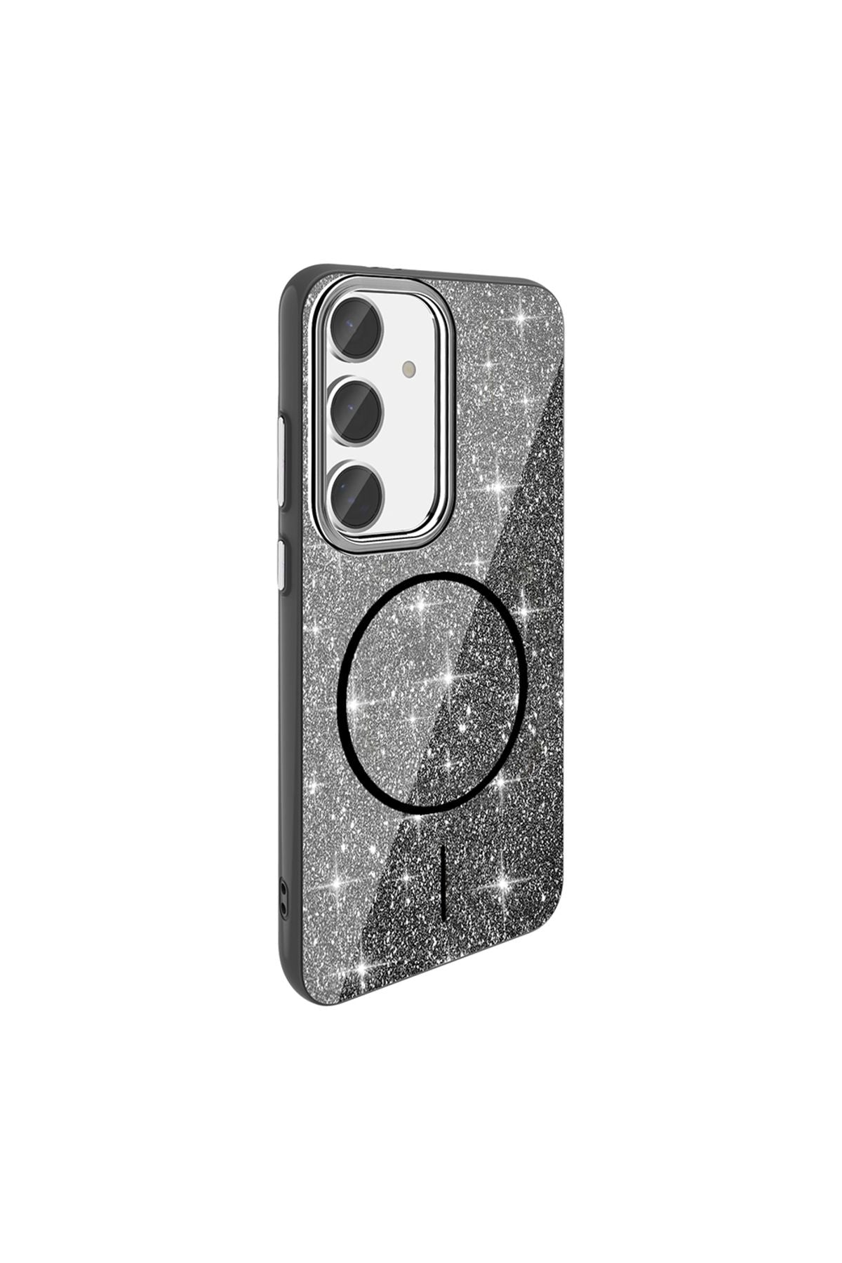 Galaxy S24 FE Kılıf Magsafe Şarj Özellikli Parlayan Simli Zore Okso Kapak - Siyah