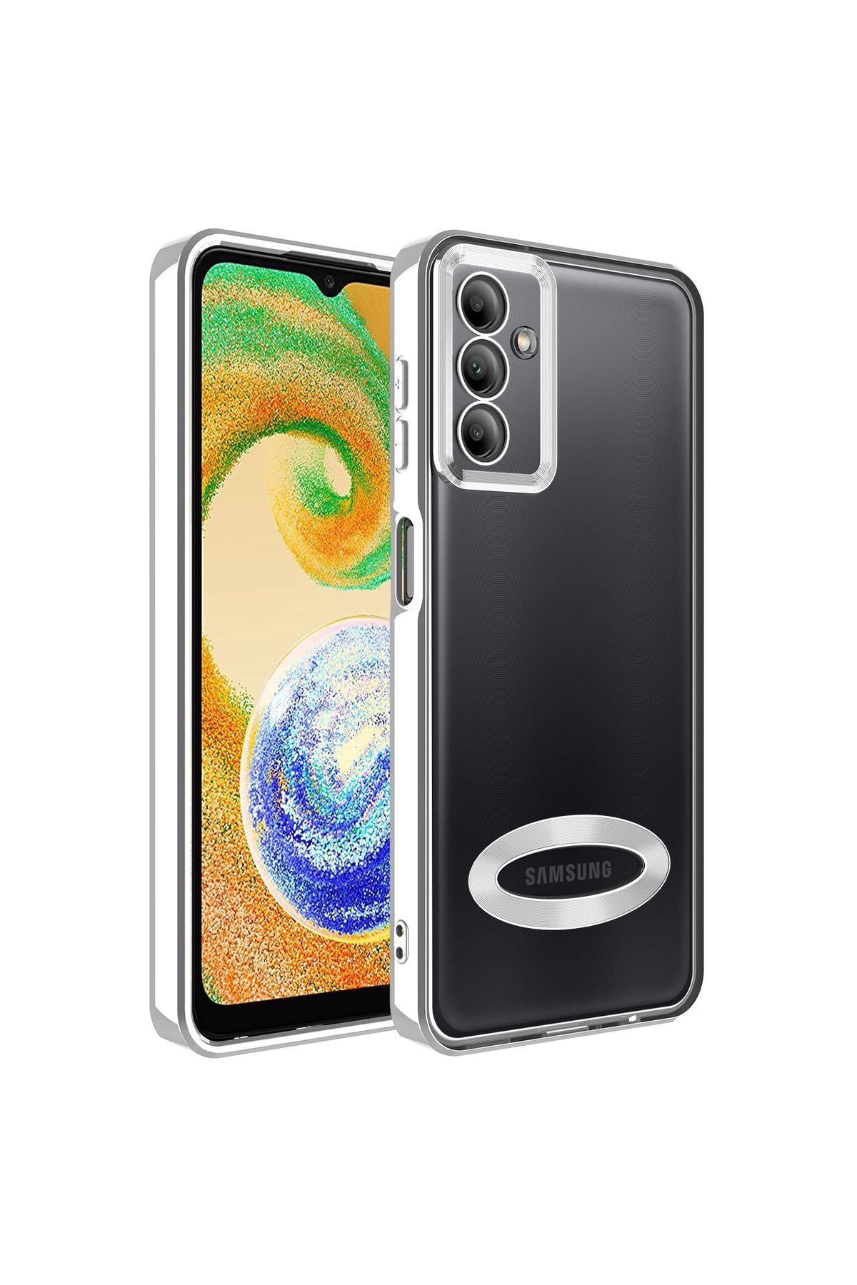 Galaxy A04S Kılıf Kamera Korumalı Logo Gösteren Zore Omega Kapak - Gümüş