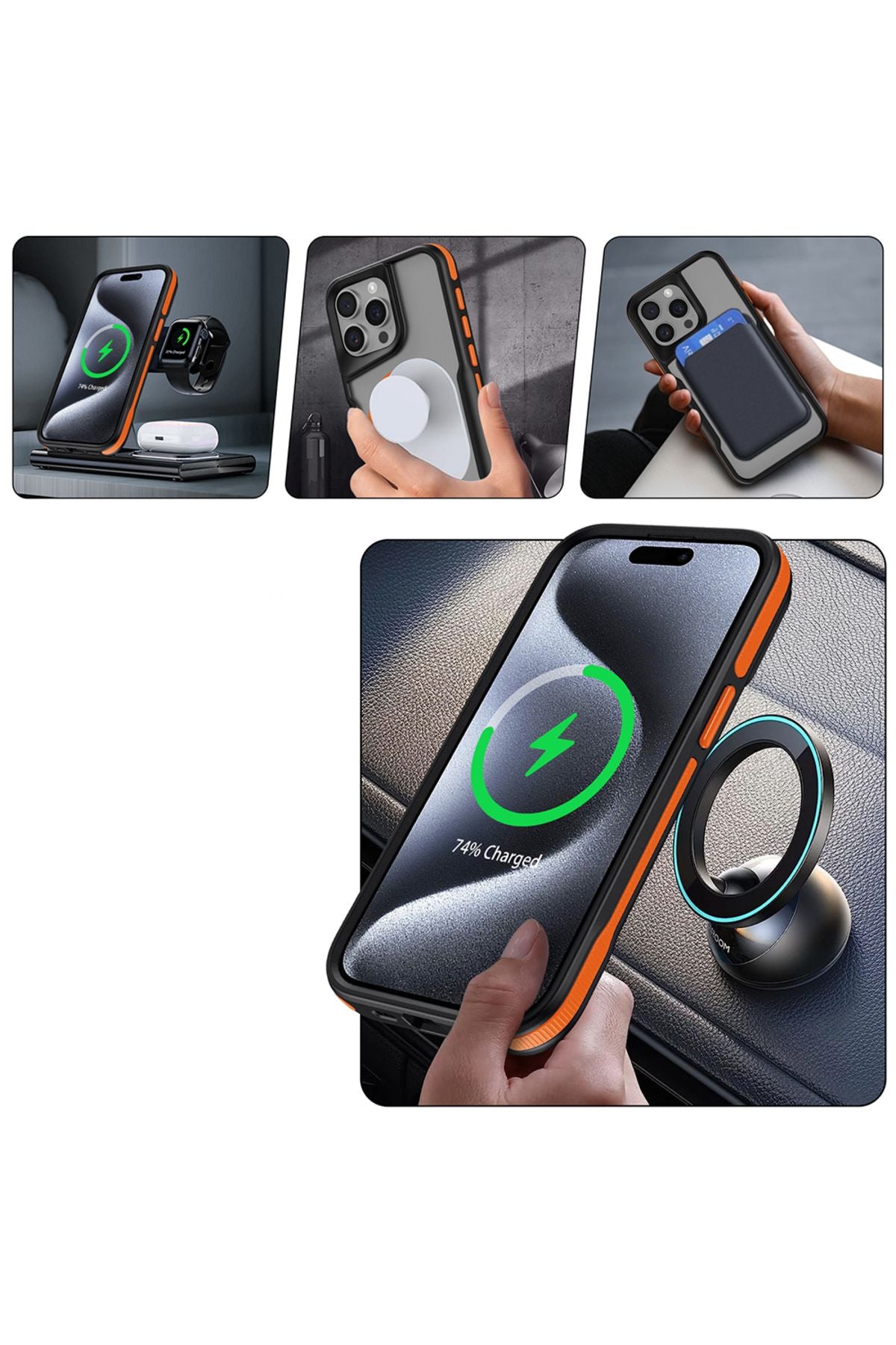 iPhone 15 Pro Uyumlu Magsafe Şarj Özellikli Renkli Kenar Airbag Şeritli Zore Lamer Kapak-Siyah