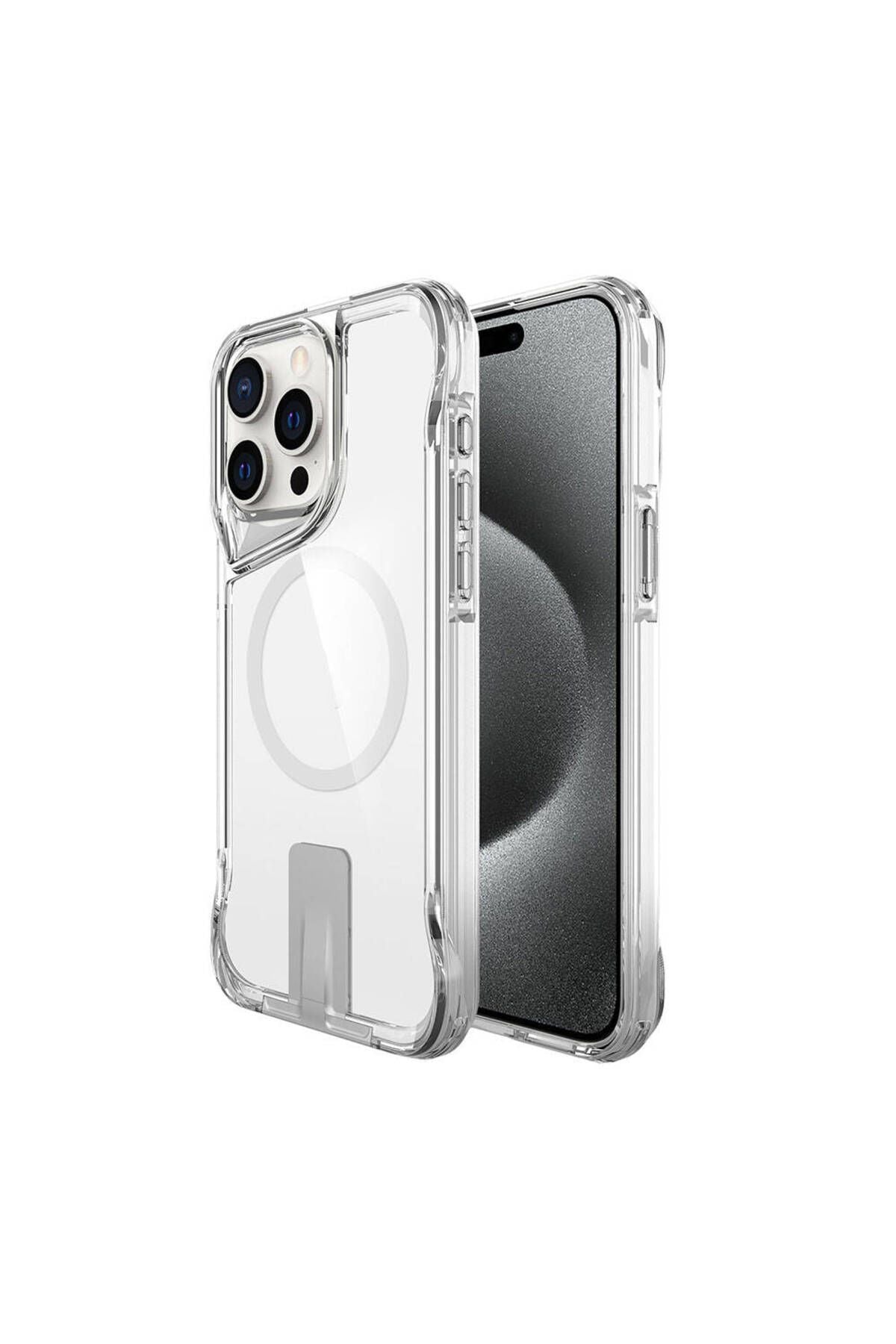 iPhone 15 Pro Max Uyumlu Magsafe Şarj Özellikli Zore T-Max Standlı Kılıf-Renksiz