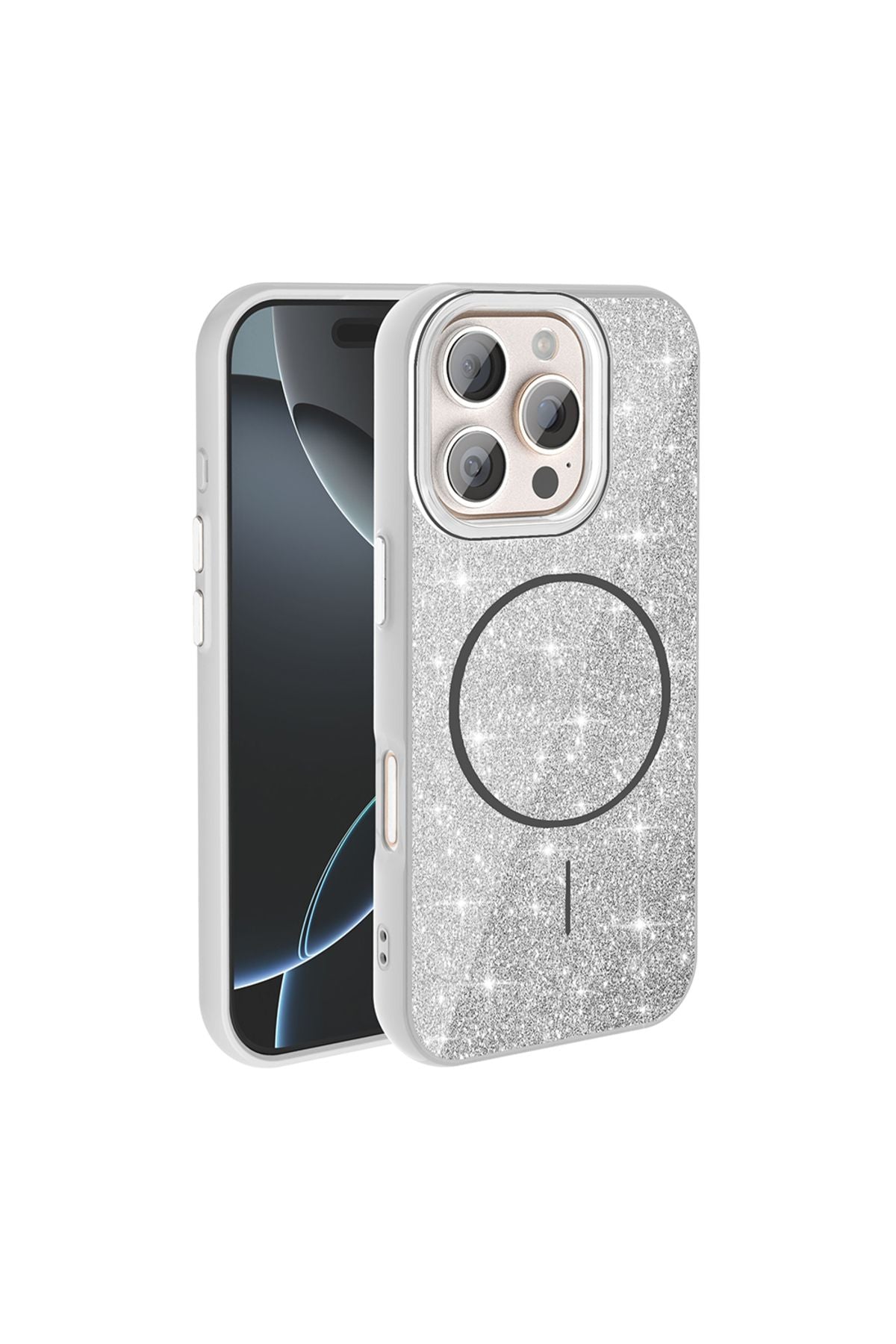 iPhone 16 Pro Max Kılıf Magsafe Şarj Özellikli Parlayan Simli Zore Okso Kapak - Beyaz