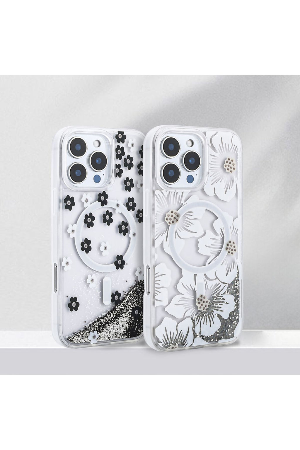 iPhone 16 Pro Kılıf Sıvılı Simli Baskılı Şeffaf Arka Yüzey Zore Mossa Silikon Kapak - Gold