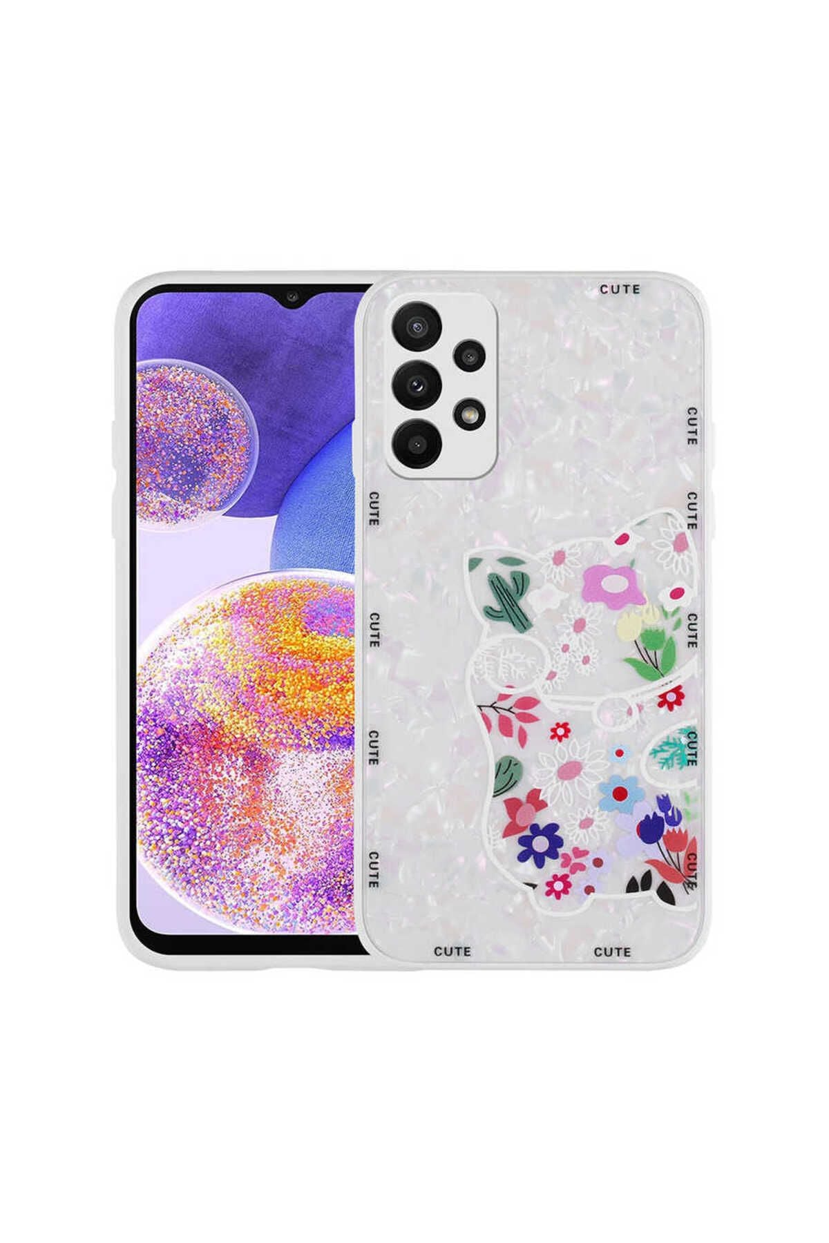 Galaxy A23 Uyumlu Desenli Sert Silikon Adamax Mumila Kapak - White Cat Adamax