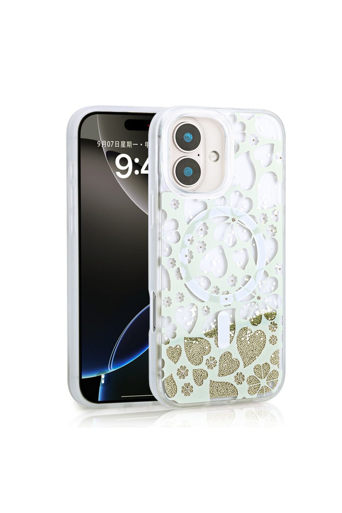 iPhone 16 Kılıf Sıvılı Simli Baskılı Şeffaf Arka Yüzey Zore Mossa Silikon Kapak - Gold