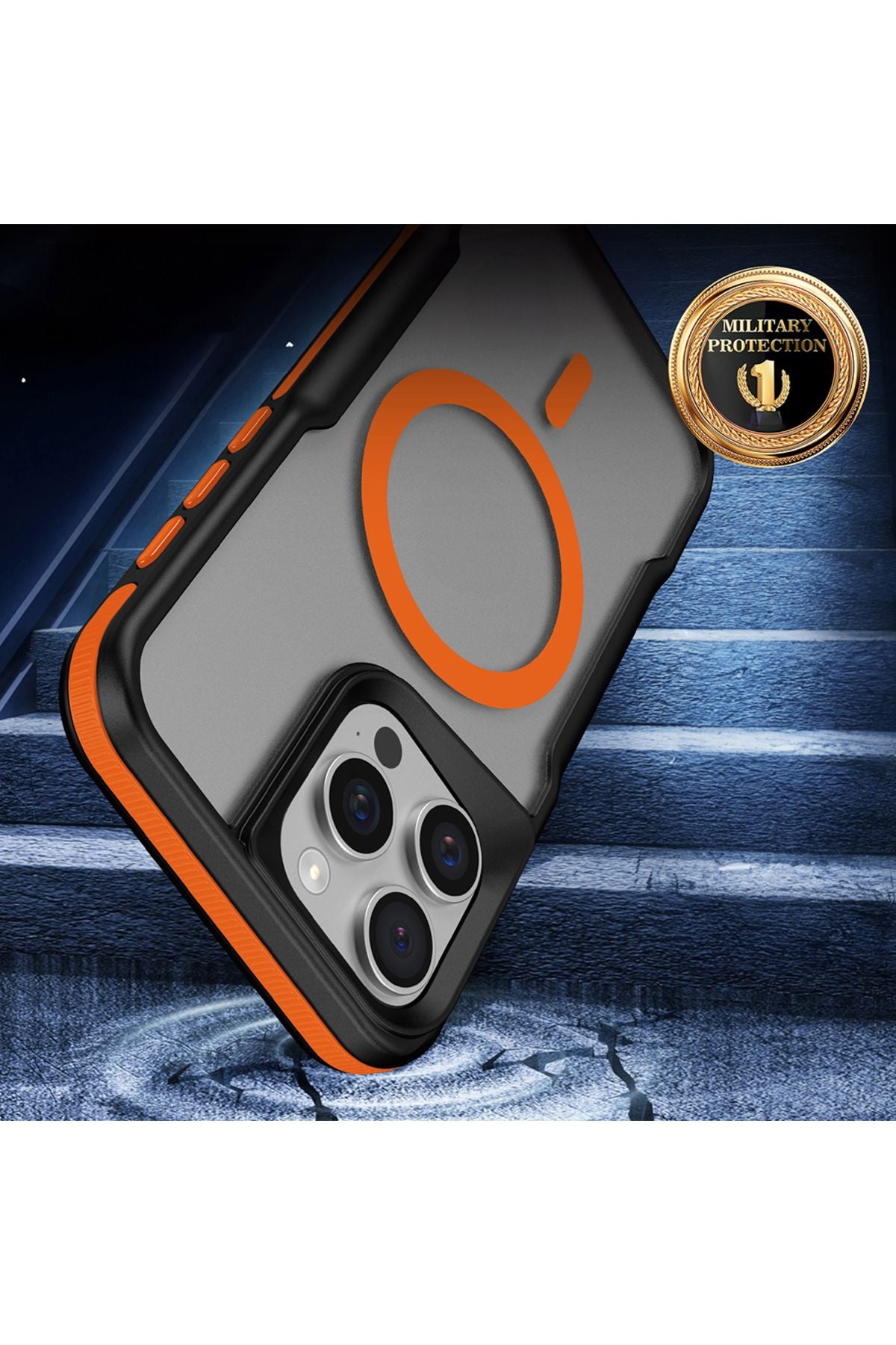 iPhone 15 Pro Max Uyumlu Magsafe Şarj Özellikli Renkli Kenar Airbag Şeritli Zore Lamer Kapak-Turuncu