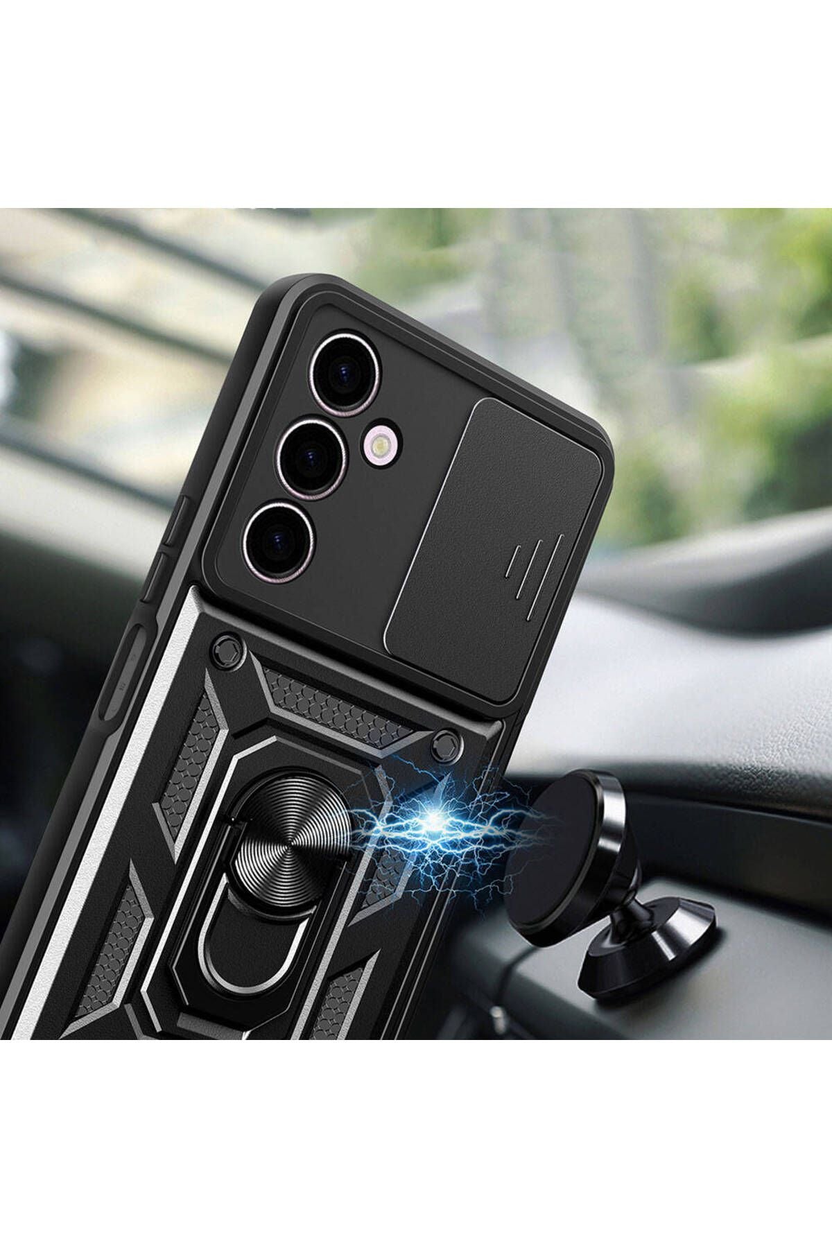 Galaxy A24 Kılıf Magnetik Standlı Kamera Korumalı Zore Sürgülü Vega Kapak - Mavi