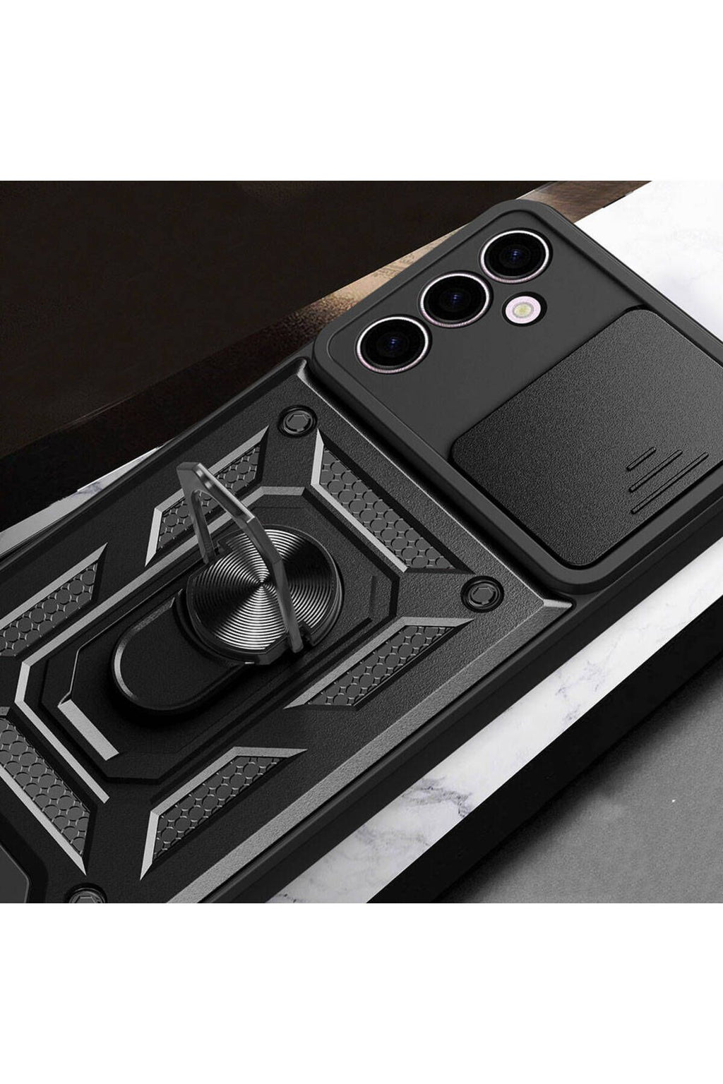 Galaxy A24 Kılıf Magnetik Standlı Kamera Korumalı Zore Sürgülü Vega Kapak - Siyah