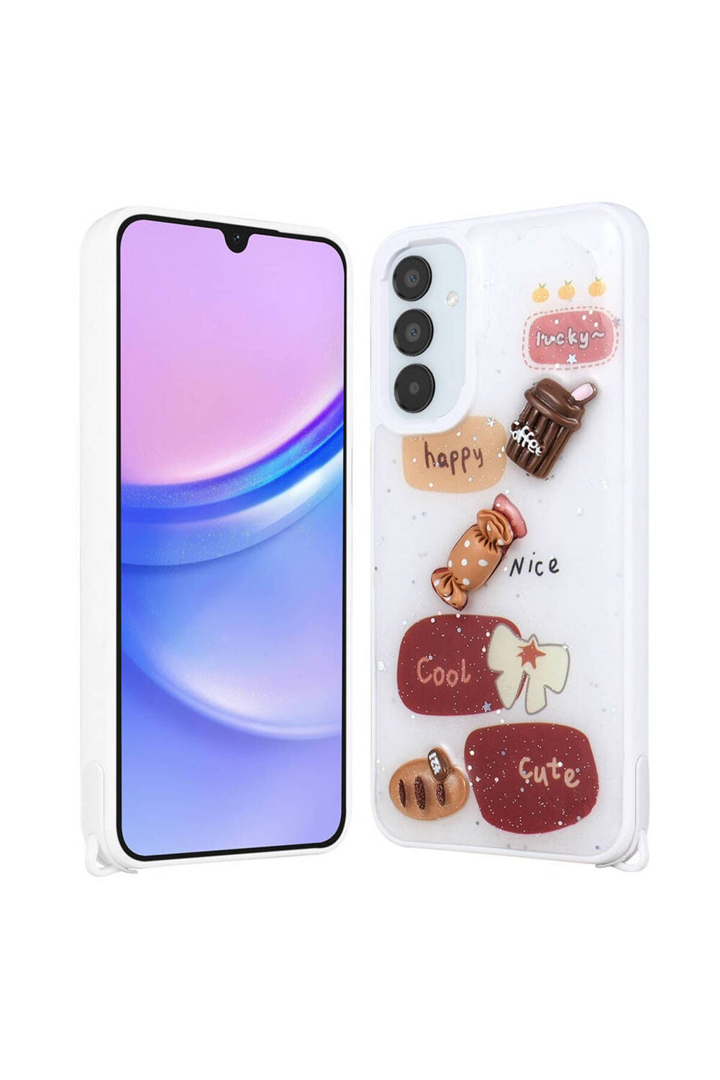 Galaxy A15 Kılıf Parlayan Simli Kabartma Figürlü Zore Cevze Kapak - Beyaz