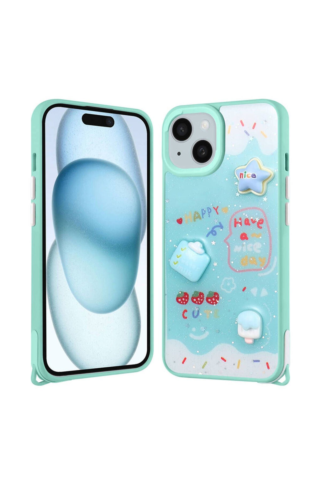 iPhone 15 Plus Kılıf Parlayan Sıvılı Simli Kabartma Figürlü Zore Cevze Kapak-Yeşil