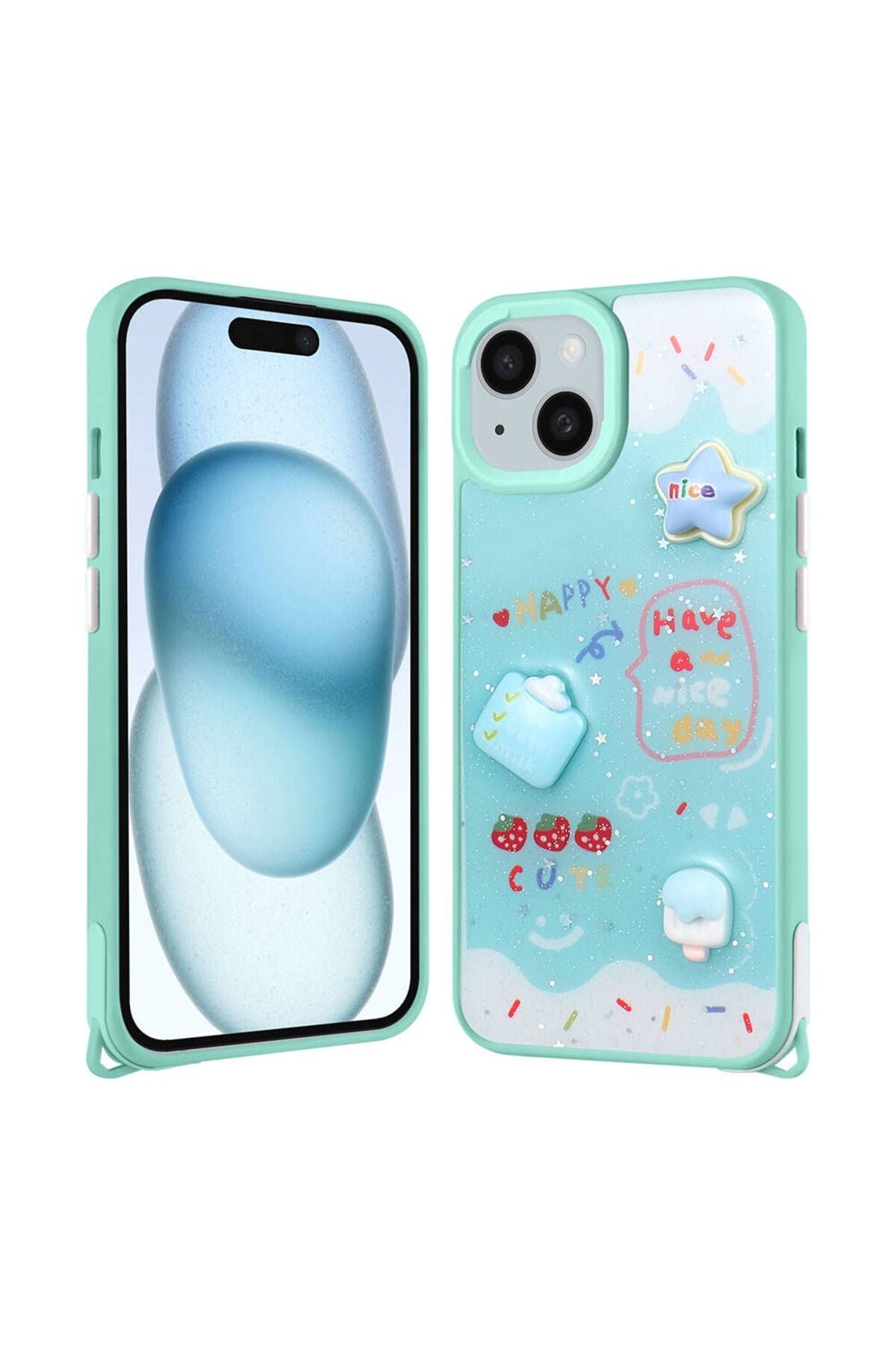 iPhone 15 Plus Kılıf Parlayan Sıvılı Simli Kabartma Figürlü Zore Cevze Kapak-Yeşil