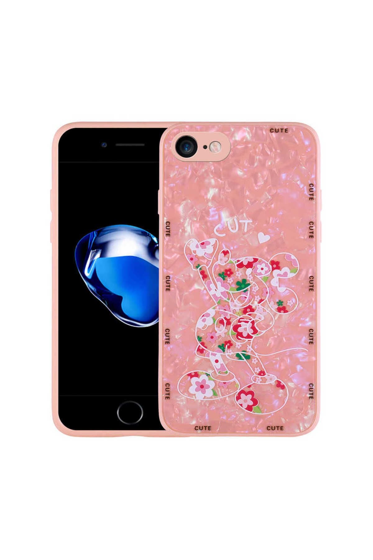 iPhone SE 2022 Uyumlu Desenli Sert Silikon CSK Zore Mumila Kılıf-Pink Mouse