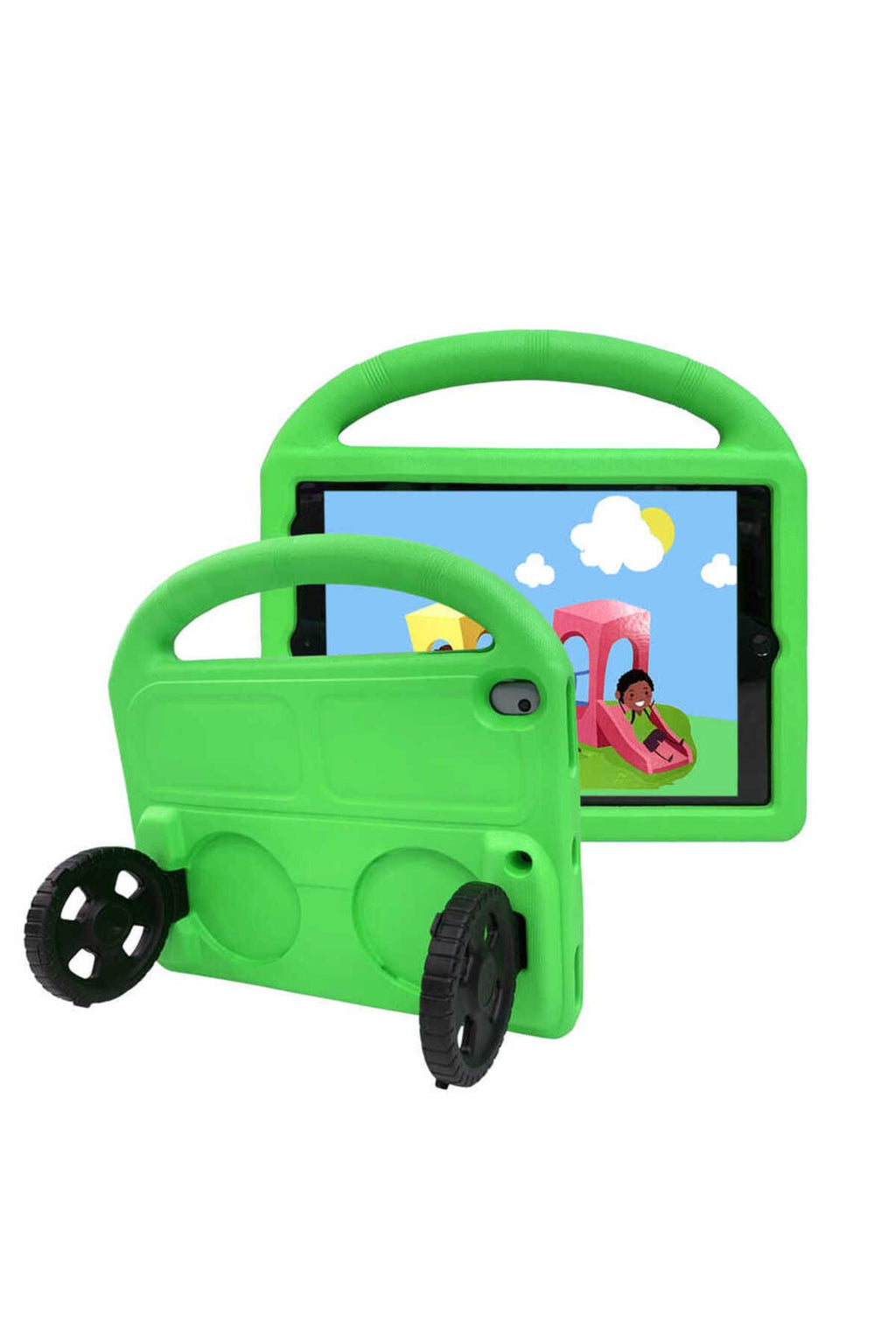 iPad 10.2 (8.Nesil)  Uyumlu Zore Wheel Car Tekerlek Standlı Tablet Eva Silikon Kılıf-Yeşil