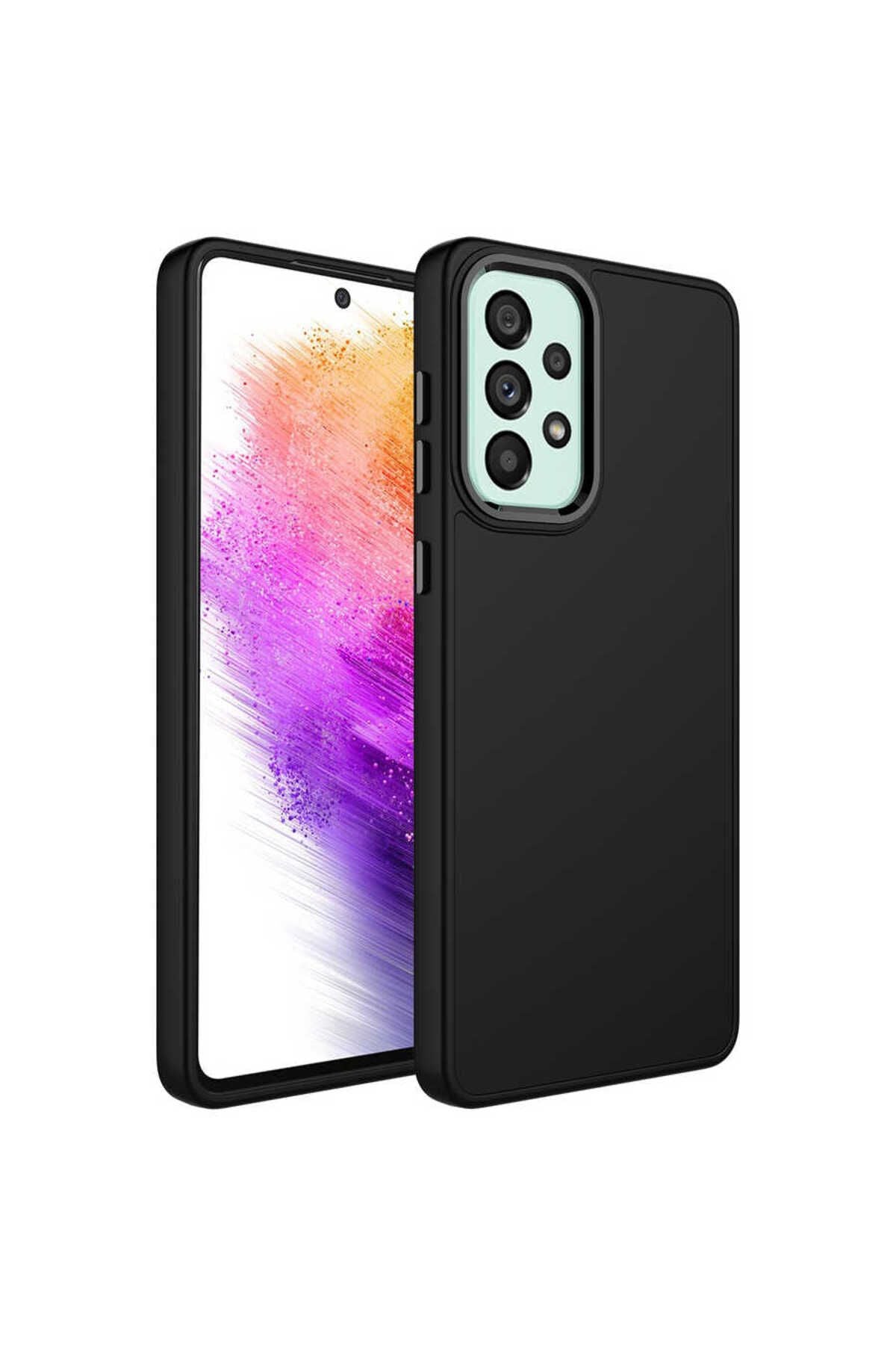 Galaxy A52 Kılıf Metal Çerçeve ve Buton Tasarımlı Silikon Zore Luna Kapak - Siyah