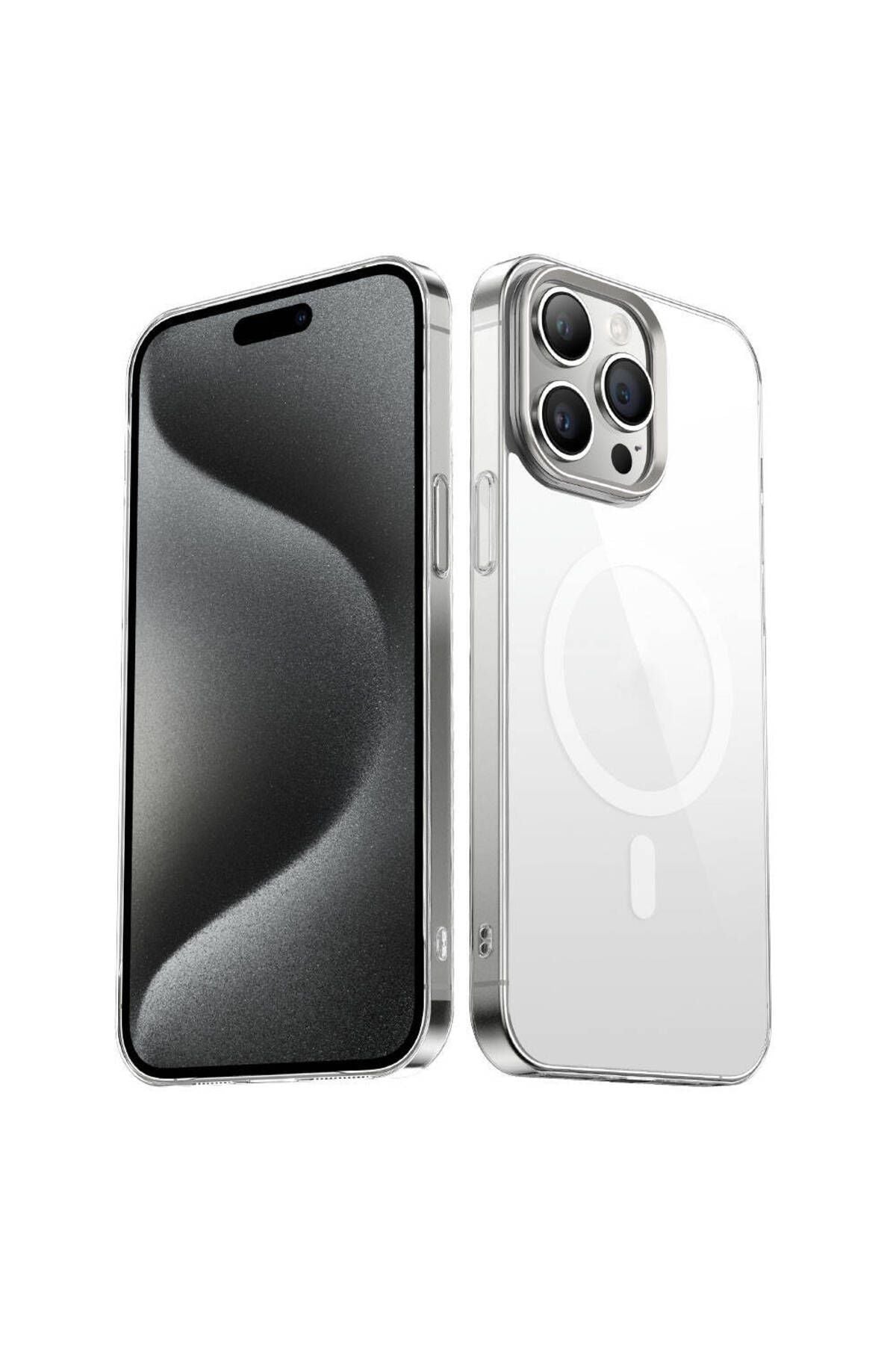 iPhone 15 Pro Uyumlu Zore Wireless Şarj Özellikli Şeffaf G-Glass Kılıf-Gümüş