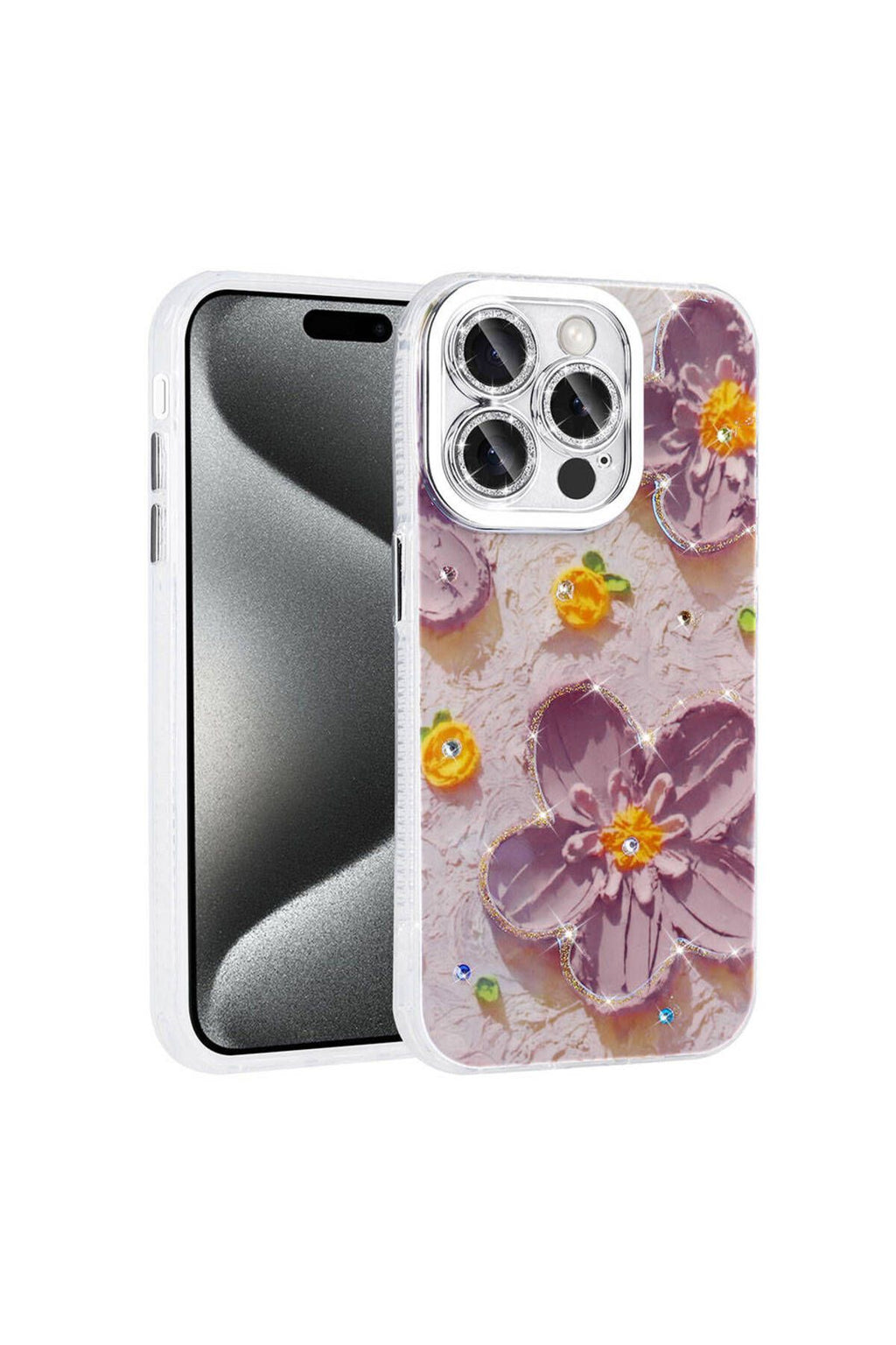 iPhone 15 Pro Max Uyumlu FGY Kılıf Çiçek Desenli Parlak Taşlı Sert Silikon Zore Garden Kapak-Mor