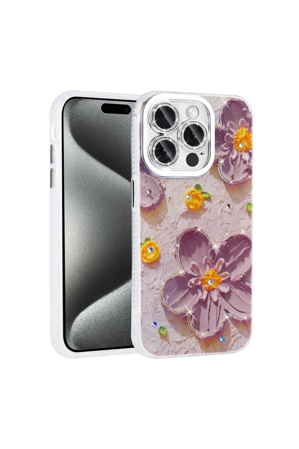 iPhone 15 Pro Max Uyumlu FGY Kılıf Çiçek Desenli Parlak Taşlı Sert Silikon Zore Garden Kapak-Mor