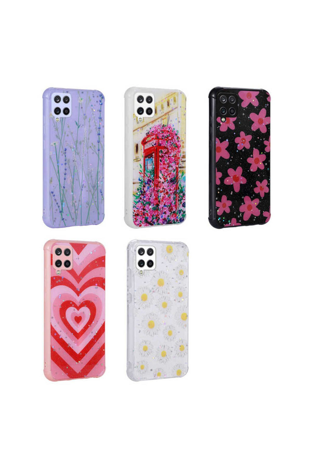 Galaxy A12 Kılıf Simli Desenli Kamera Korumalı Parlak Zore Popy Kapak - Kalp