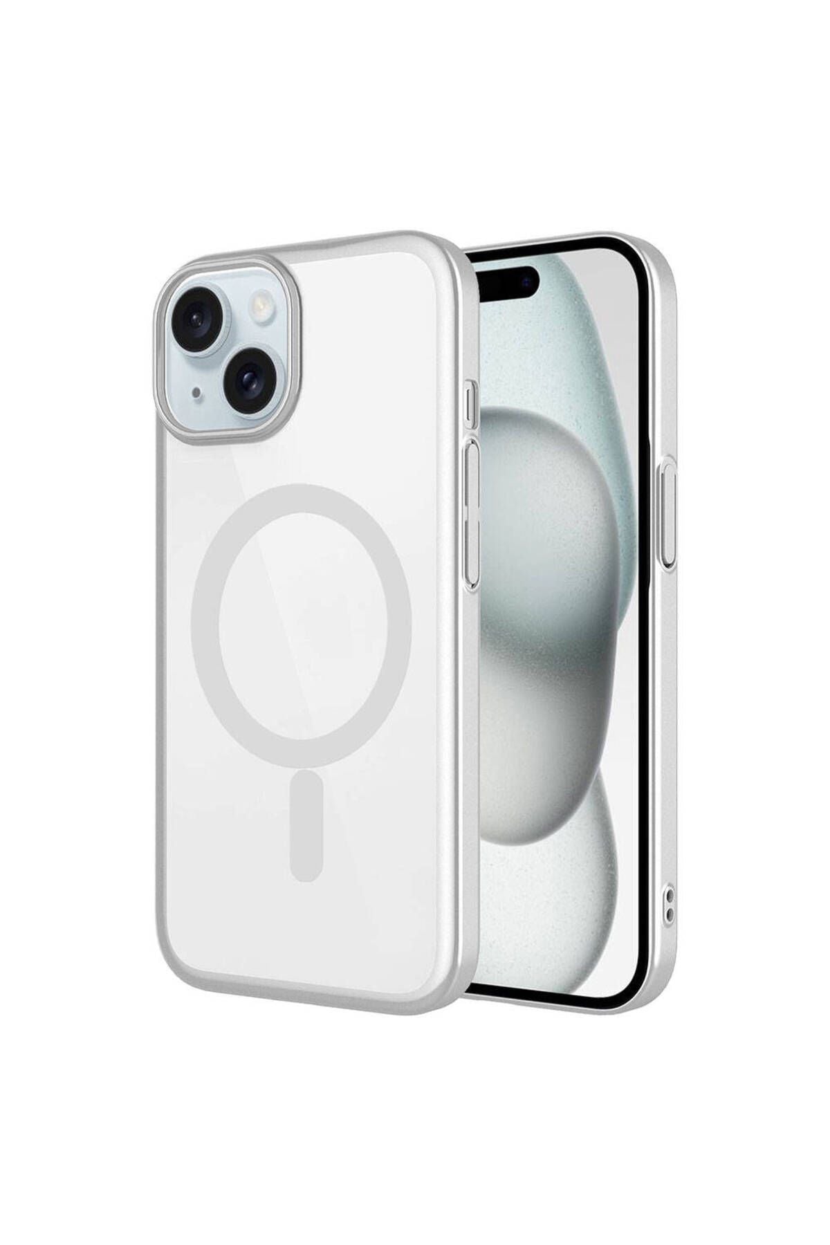 iPhone 15 Uyumlu Wireless Şarj Özellikli Sert PC CSK Zore Mat Riksos Magsafe Kılıf-Gümüş