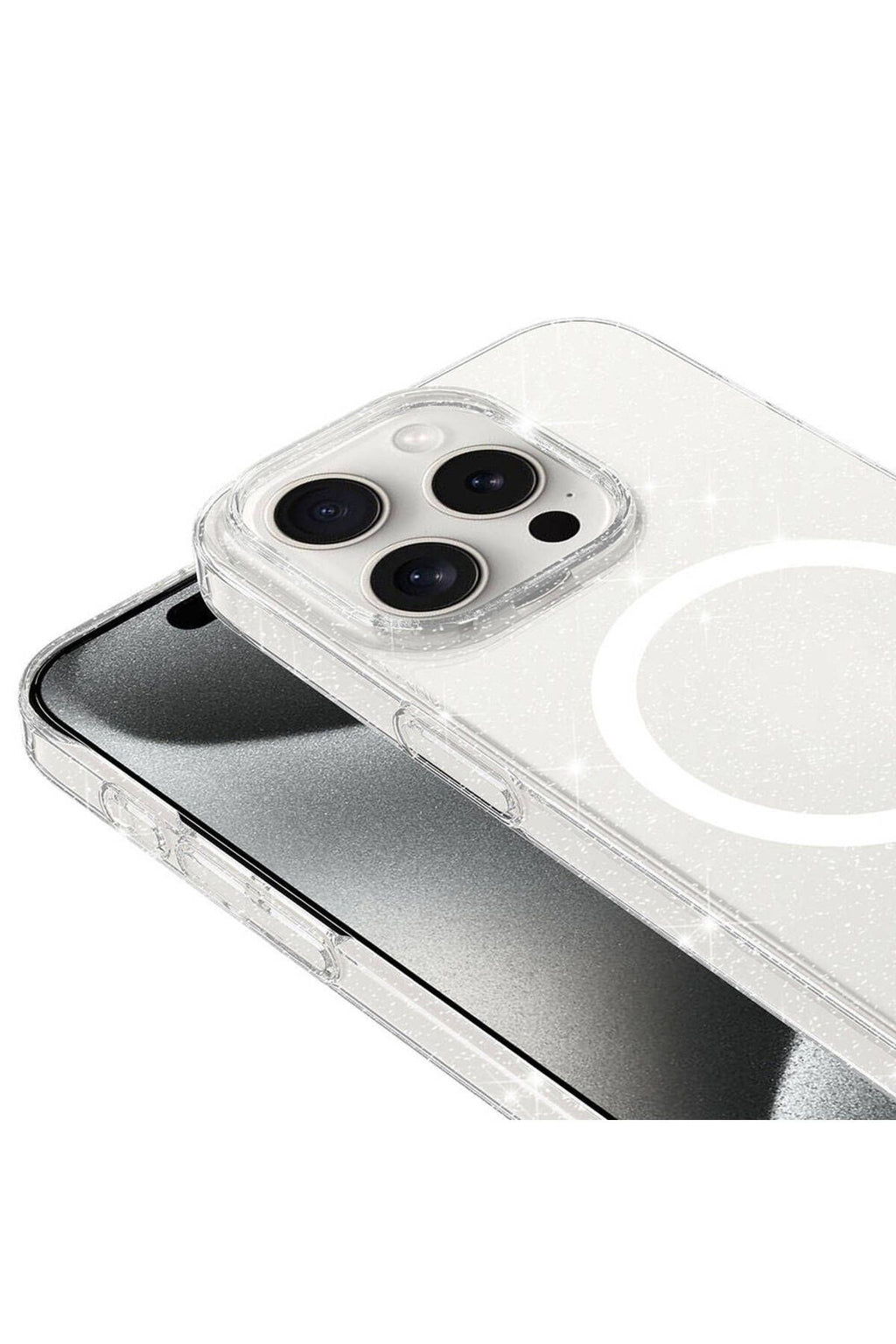 iPhone 15 Pro Max Kılıf Zore Magsafe Şarj Özellikli Simli Şeffaf Arka Yüzey Erdos Silikon Kapak - Re