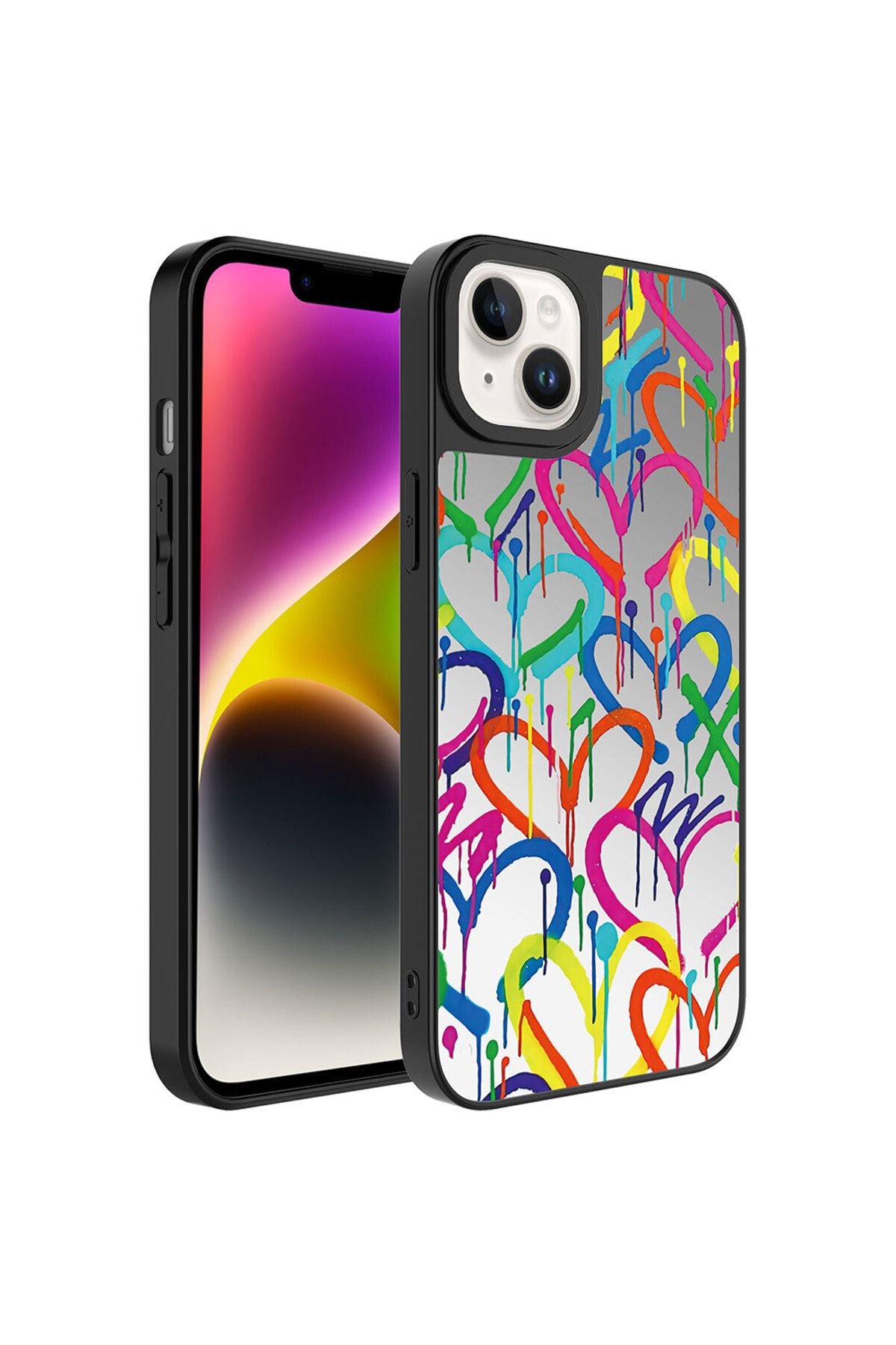 iPhone 14 Uyumlu Aynalı Desenli Kamera Korumalı Parlak CSK Zore Mirror Kılıf-Kalp