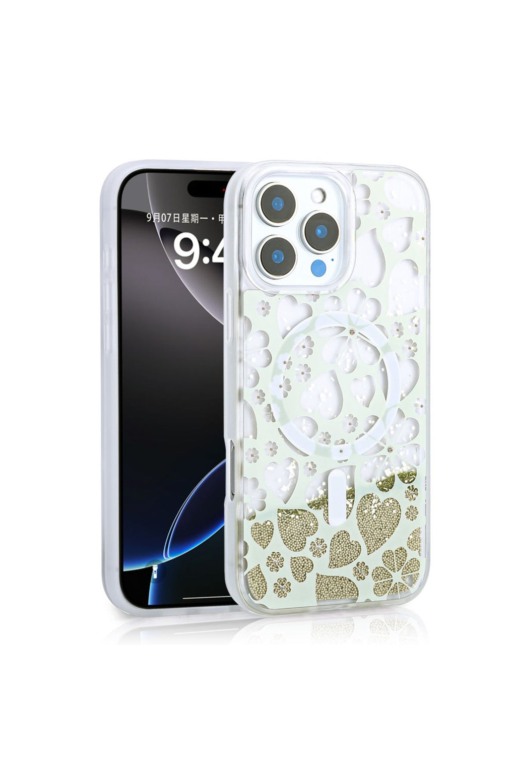 iPhone 15 Pro Max Kılıf Sıvılı Simli Baskılı Şeffaf Arka Yüzey Zore Mossa Silikon Kapak - Gold