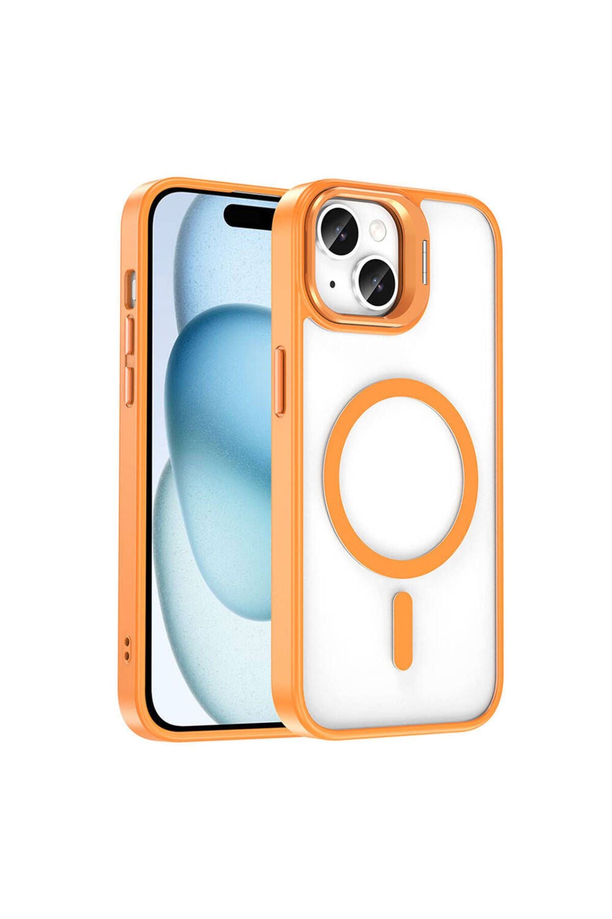 iPhone 15 Kılıf Magsafe Şarj Özellikli Standlı Zore Magsafe Klon Lensli Kapak - Turuncu